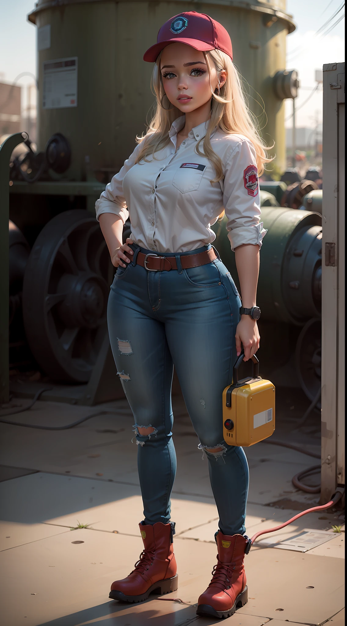 Create a realistic illustration of a Brazilian Barbie doll with wide hips, ((de cabelos escuros)), representing the profession of electrical engineer, Usando roupas de eletricista, ((capacete de engenheiro)), Pants, botas de couro, com cinto de ferramentas, roupas surradas, in an outdoor work environment near large electrical transformers with sparks and electrical arcs in the background