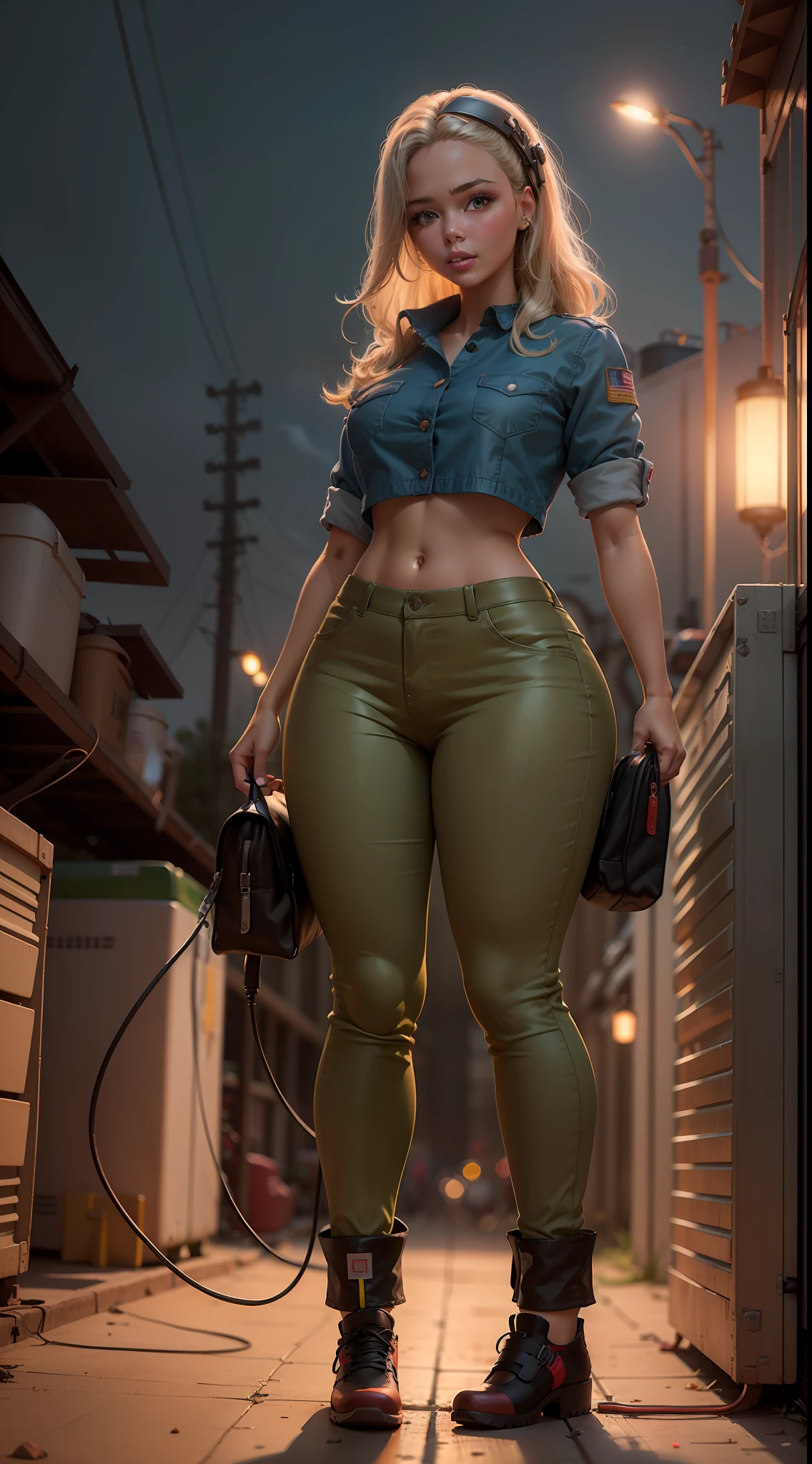 Create a realistic illustration of a Brazilian Barbie doll with wide hips, ((de cabelos escuros)), representing the profession of electrical engineer, Usando roupas de eletricista, ((capacete de engenheiro)), Pants, botas de couro, com cinto de ferramentas, roupas surradas, in an outdoor work environment near large electrical transformers with sparks and electrical arcs in the background