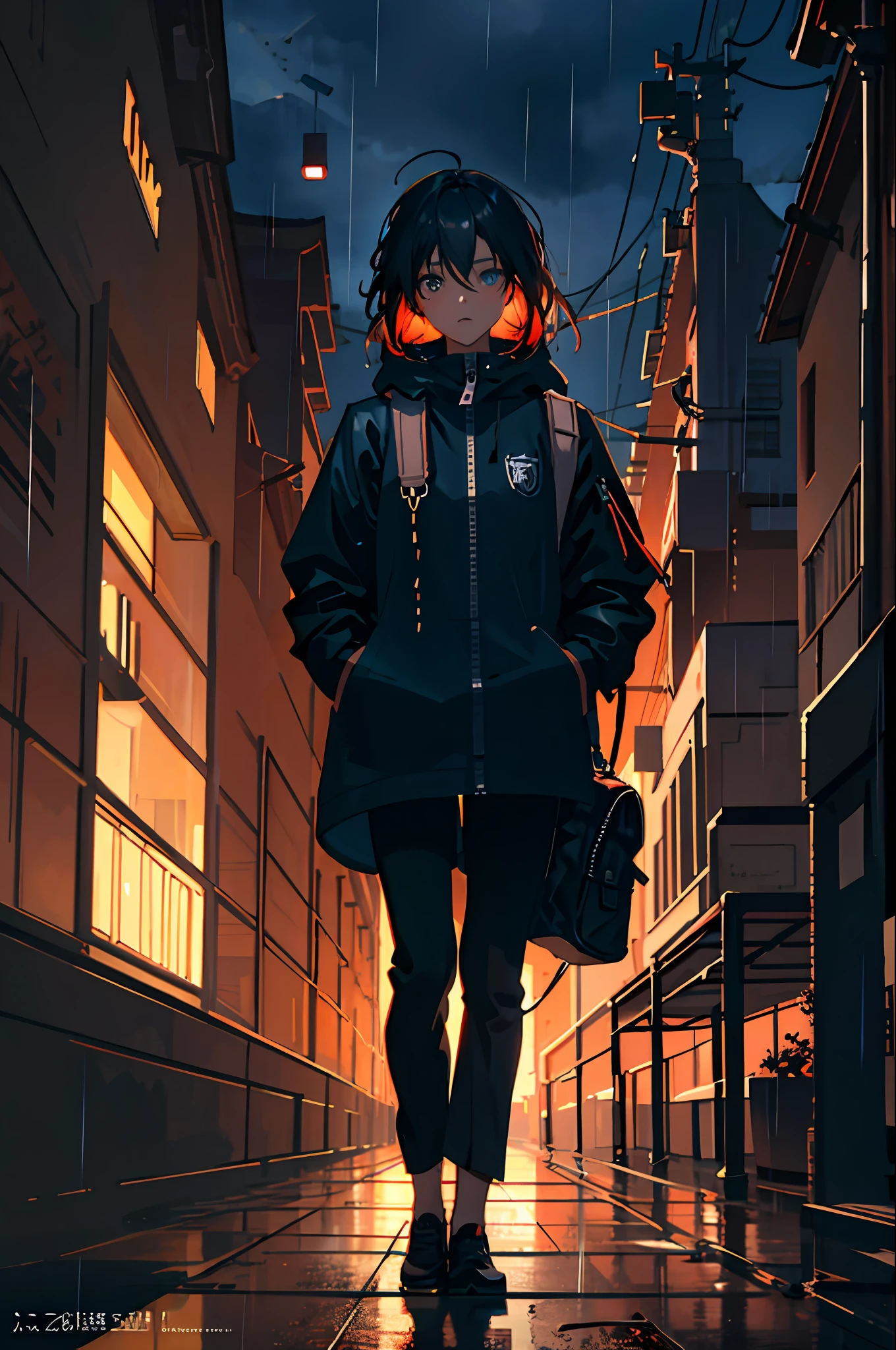 1girl, jacket, rain, outdoor, hoodie, open jacket, chain, backpack, looking at another, messy hair, trending on artstation, 8k resolution, highly detailed, anatomically correct, sharp image, digital painting, concept art, trending on pixiv, style of makoto shinkai,