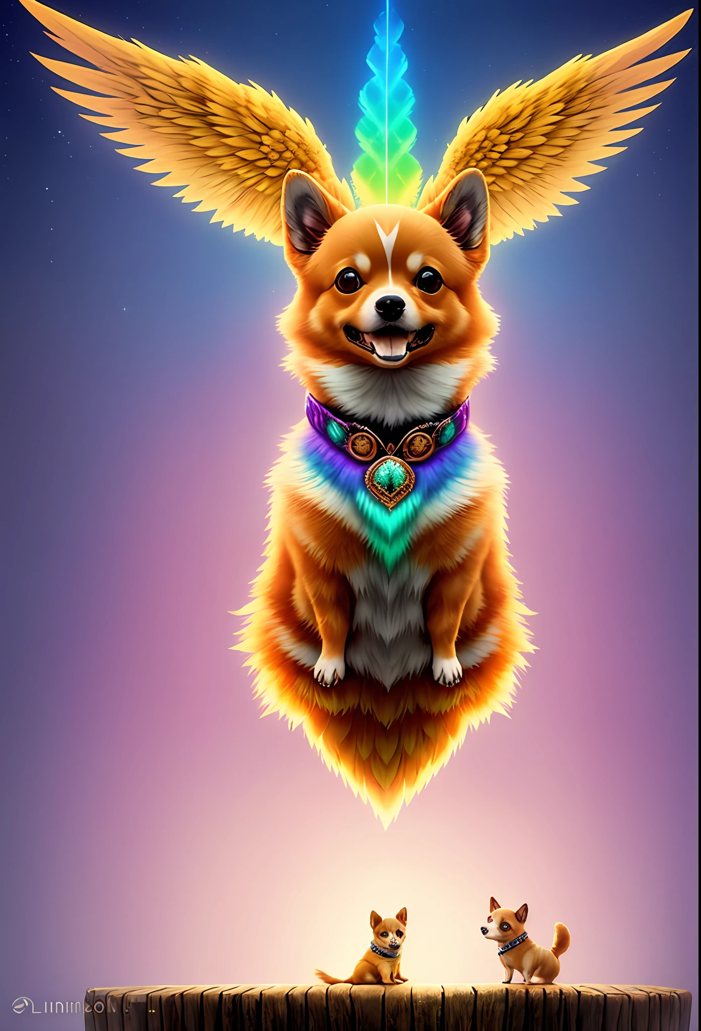 A baby Pomeranian mongrel with Chihuahua and feathered dachshund with wings, pelaje de color arco iris hecho de plumas tupidas, sentado en un tronco en el bosque, con un collar futurista con luces diminutas de colores, pelaje altamente detallado, lindo, symmetr, soft illuminaotion, cara altamente detallada, arte conceptual, pintura digital, staring at the camera, (fireflys), niebla, noche, luna, symmetr, (cbzbb: 1.25) lindos grandes ojos brillantes reflectantes circulares,  Unreal engine Smooth, intricate cinematic details