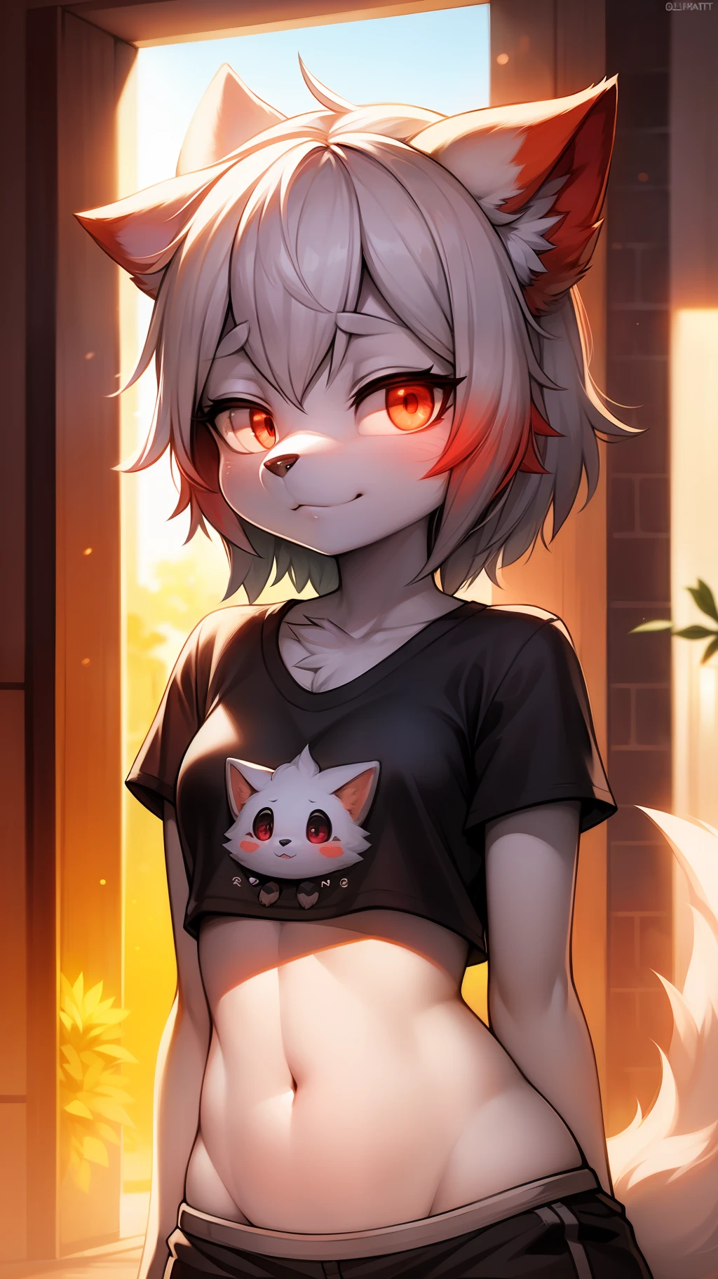 furry, white fur, ultra cute face, red elements on fur, glowing t-shrt, beautiful lights and shadows, ambient light, ultra detailed fur, volumetric light