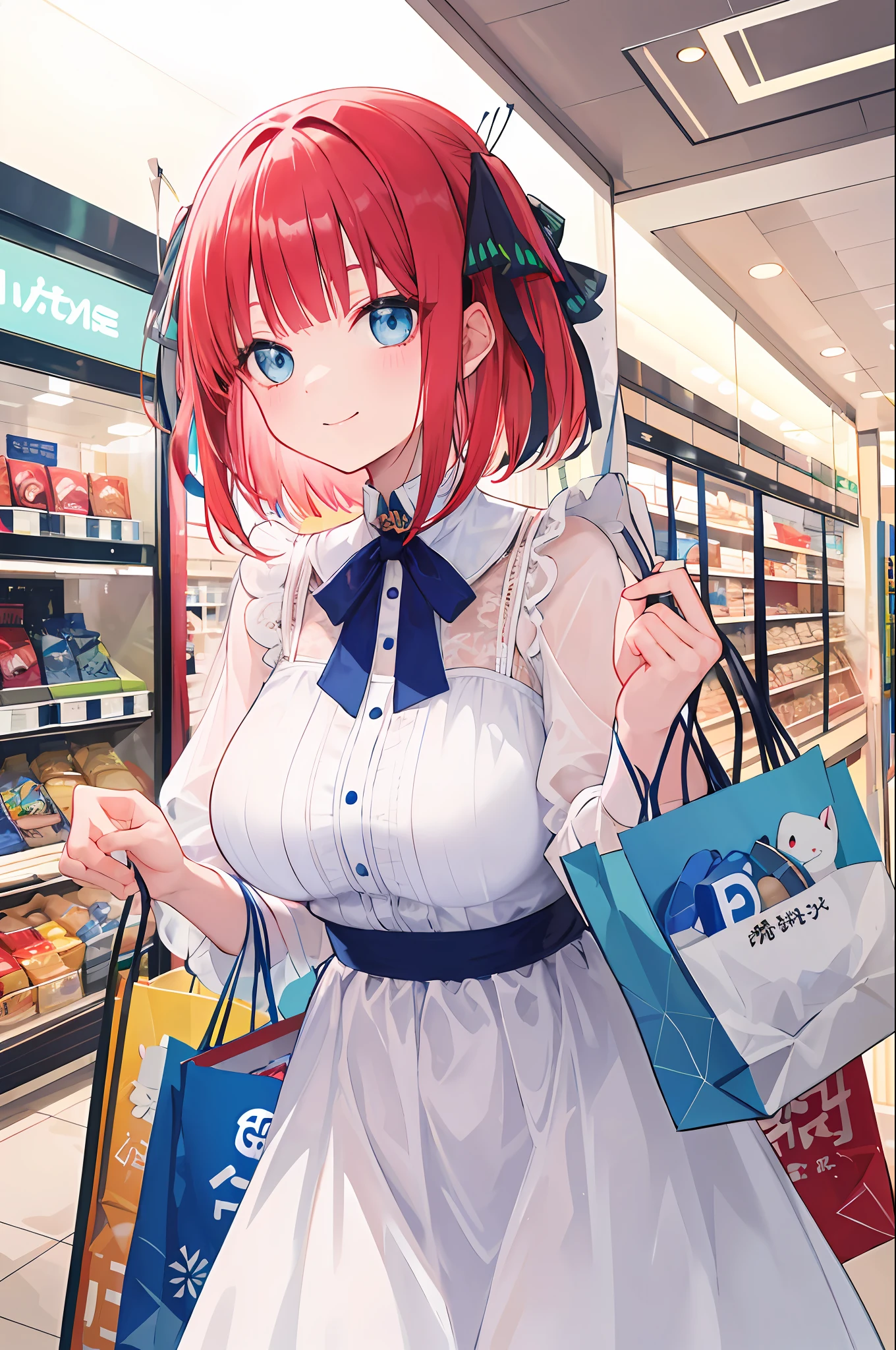 tmasterpiece， best qualtiy， highr， red tinted hair， blue color eyes,Jino Nakano，short whithair，large full breasts，White Dress，shopping mall, shining eyes,  smiling, beautiful eyes
