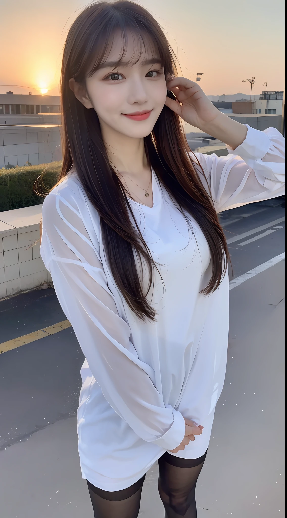 (1 Korean star with royal sister style), ((Best quality, 8K, Masterpiece: 1.3)), Focus: 1.2, Perfect body beauty: 1.4, (Make a smile), (Sunset: 1.3), Watery eyes, Highly detailed face and skin texture, Fine eyes, Double eyelids, Whitens the skin, (Long hair, Air bangs: 1.3), (face round: 1.5), (Professional outfit 1.4), (Standing on the roof: 1.6),(black lence stockings: 1.4),a sense of atmosphere