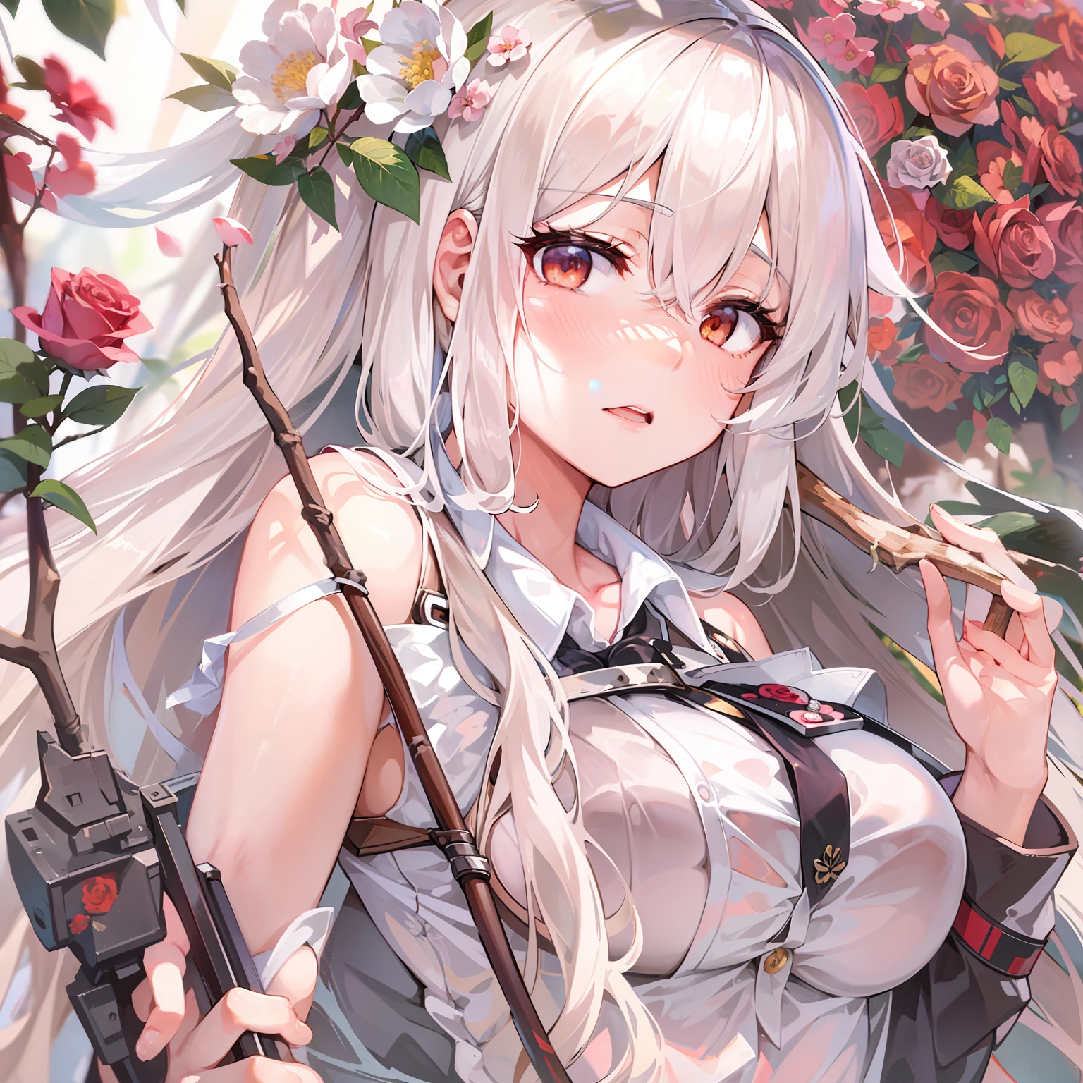 anime girl with long white hair holding a stick and a rose, boobs, full body, anime visual of a cute girl, light novel cover art, shikamimi, fine details. girls frontline, anime cover, marisa kirisame, japanese shoujo manga, from girls frontline, japanese light novel cover, anime visual of a young woman