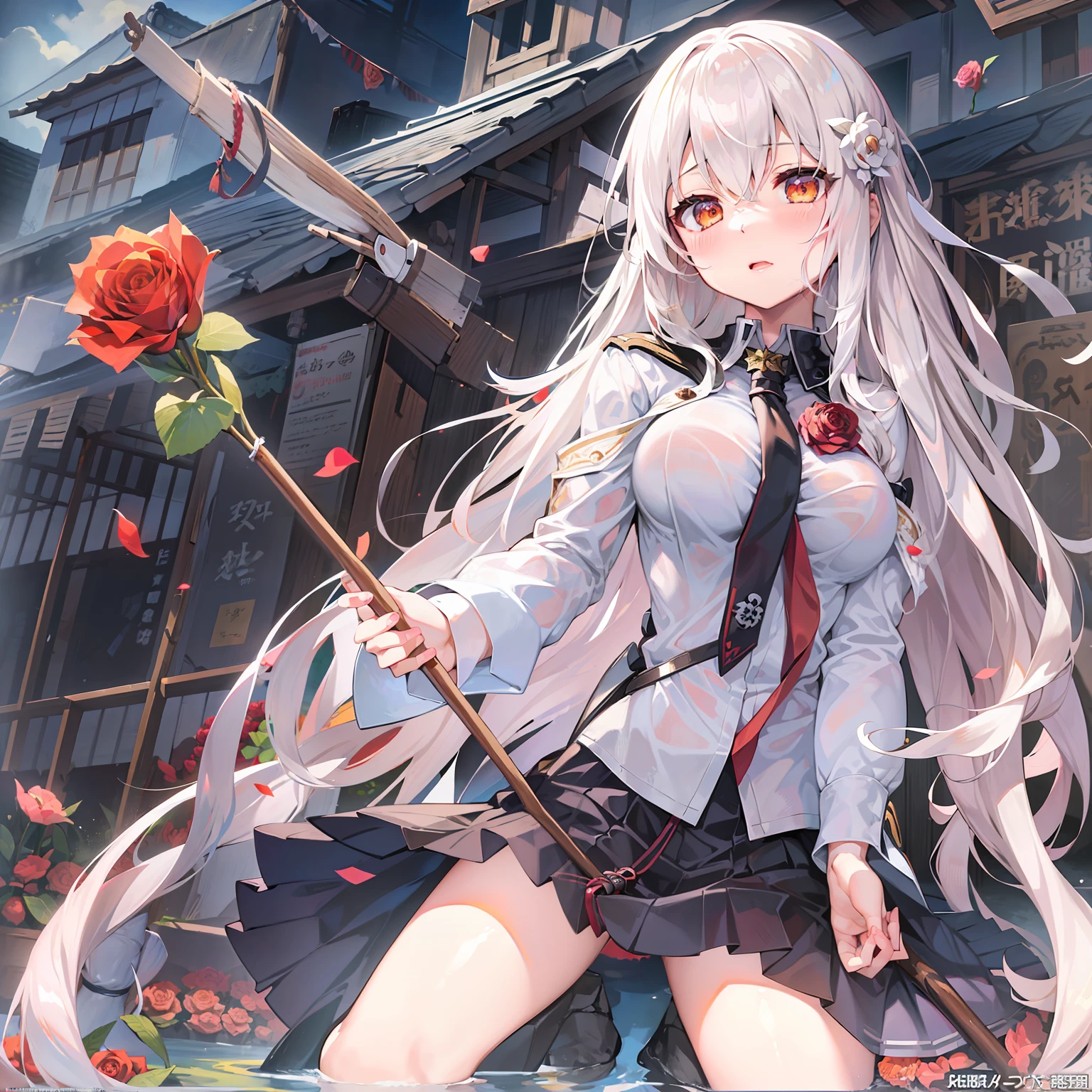 anime girl with long white hair holding a stick and a rose, boobs, full body, anime visual of a cute girl, light novel cover art, shikamimi, fine details. girls frontline, anime cover, marisa kirisame, japanese shoujo manga, from girls frontline, japanese light novel cover, anime visual of a young woman