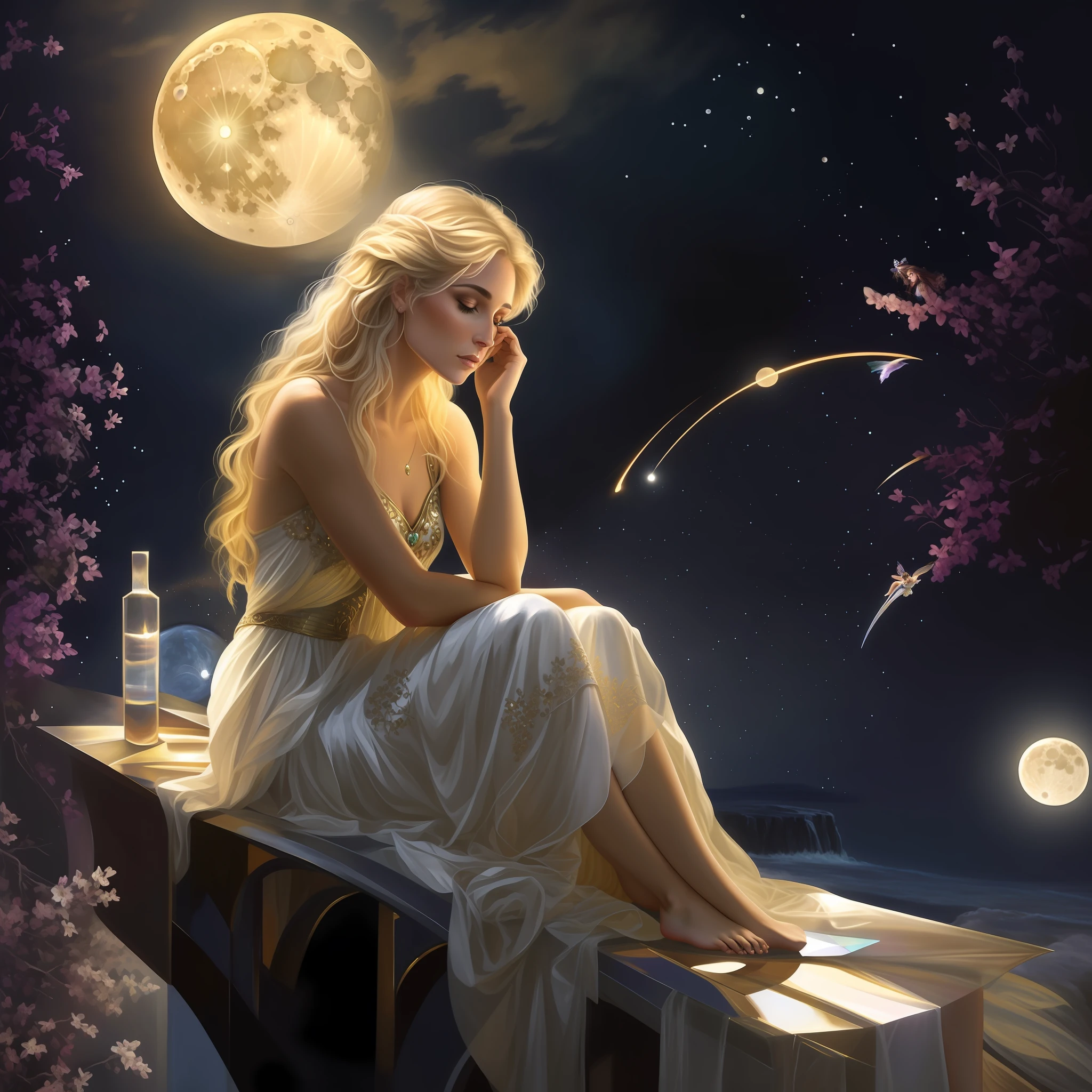 painting of a woman sitting on a crystal glass rainbow with a full moon in the background, graphic artist magali villeneuve, moon goddess, celestial goddess, beautiful fantasy art, magali villeneuve', also known as artemis the selene, very beautiful fantasy art, also known as artemis or selene, gorgeous goddess of leo, lunar goddess, goddess of the moon