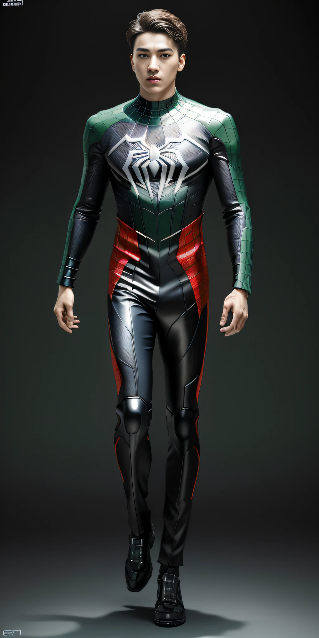 (1boy:1.3), solo, ((very detailed face)))), ((very detailed eyes and face)))), beautiful detail eyes, body parts__, full body, full body, official art, unified 8k wallpaper, super detailed, beautiful and beautiful, beautiful, masterpiece, best quality, original, masterpiece, super fine photo, best quality, super high resolution, realistic realism, sunlight, full body portrait, amazing handsome, dynamic pose, delicate face, vibrant eyes, (from the front), wearing Spider-Man suit, red and black color scheme, solid green background, detailed face, messy, gorgeous, highly detailed skin, realistic skin details, clear focus, 8k UHD, DSLR, high quality, film grain, fair skin, photo realism, lomography, translucent, (cyberpunk: 1.2), (semi-mechanical body: 1.2)