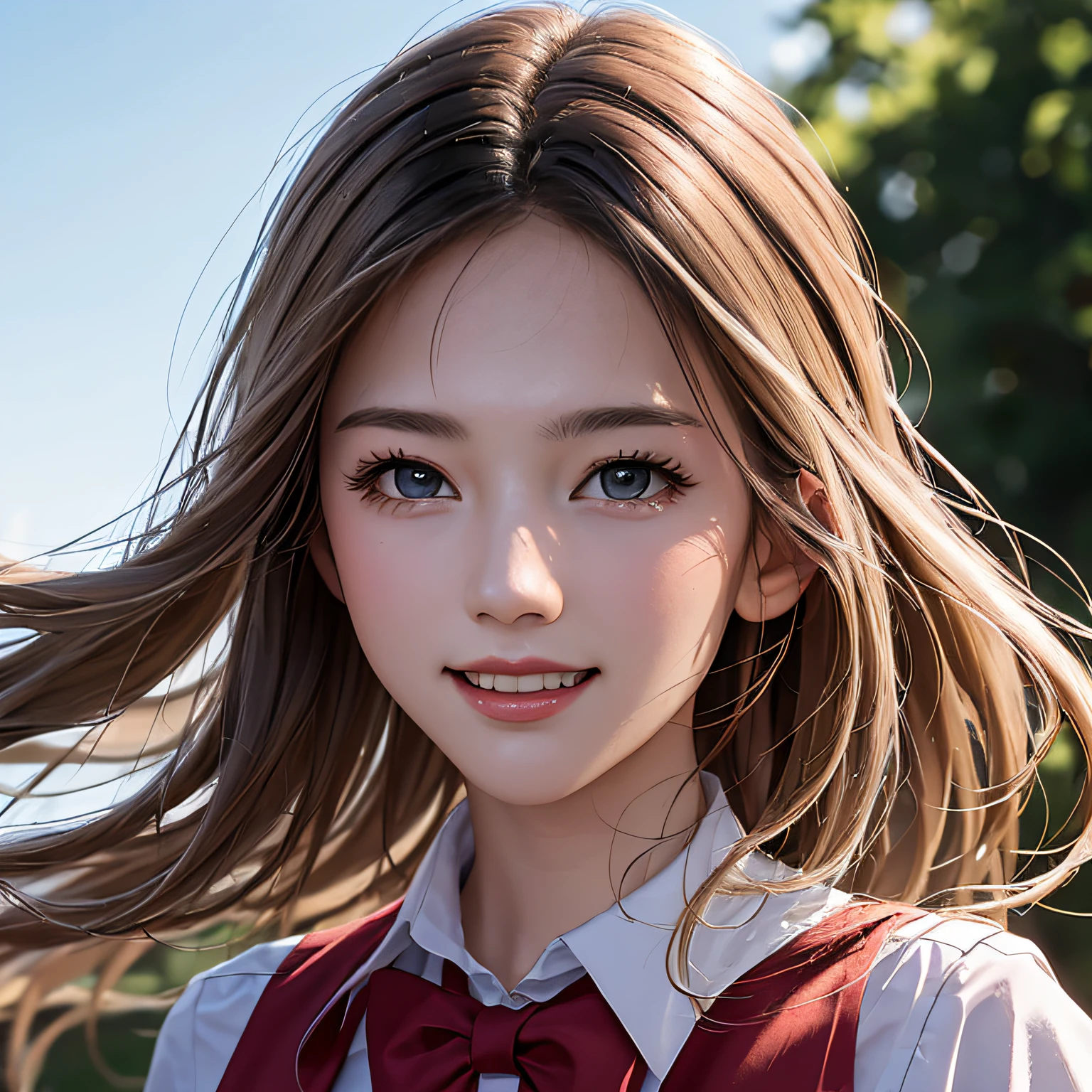 (8K, RAW Photos, of the highest quality, Masterpieces: 1.2), (Realistic, Photorealistic: 1.37), Highest Quality, Ultra High Resolution, light leaks, Dynamic lighting, Slim and smooth skin, (Full body:1.3), (Soft Saturation: 1.6), (Fair skin: 1.2), (Glossy skin: 1.1), Oiled skin, 22 years old, Night, shiny white blonde, Well-formed, Hair fluttering in the wind, Close-up shot of face only, Physically Based Rendering, From multiple angles, A big smile, School uniform, Pleated skirt, Beige vest, thunderstorm, The Flash,