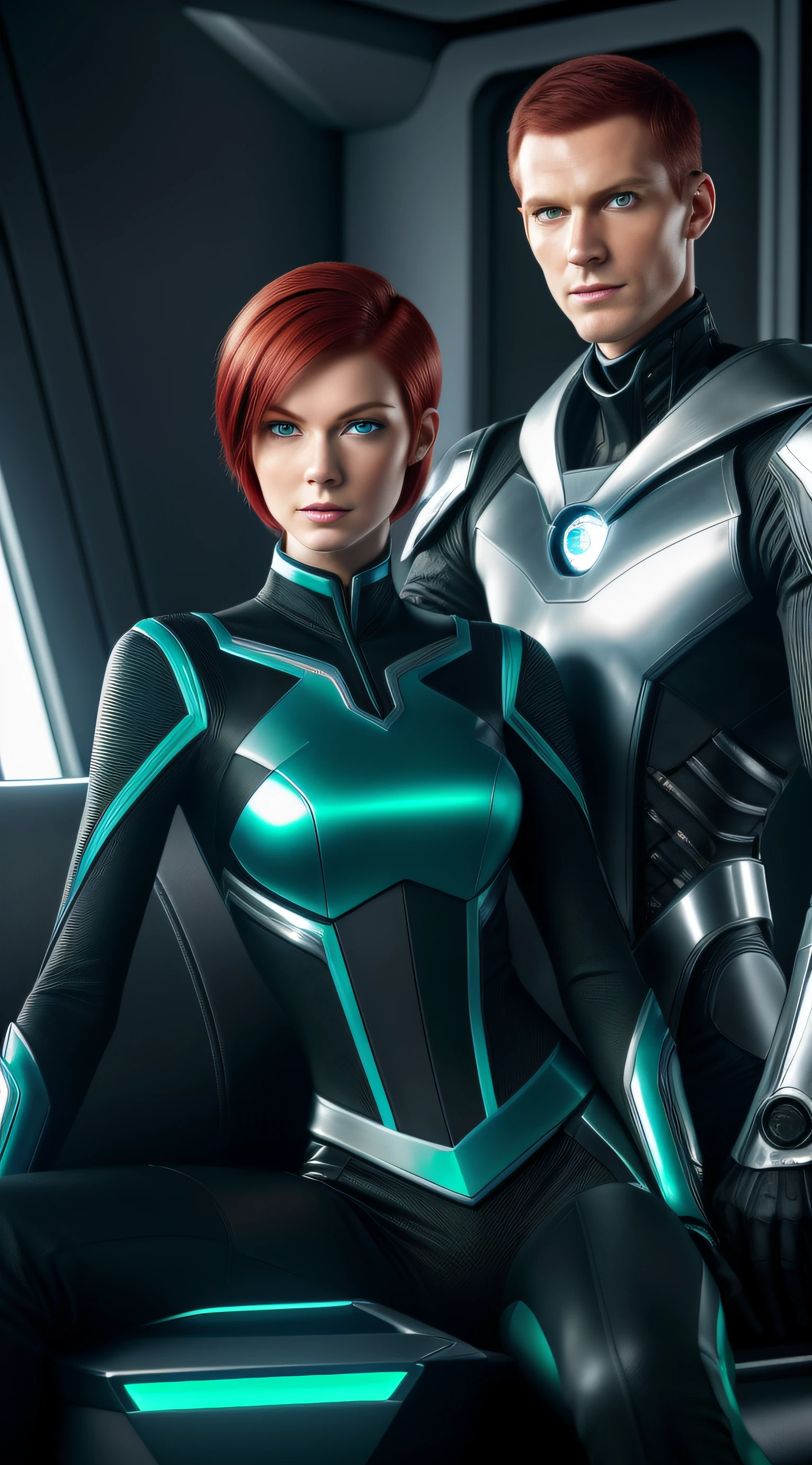 (1man+1woman, Caucasian, European), (she tall and thin, short red hair, green eyes), (him tall and thin, short black hair, blue eyes), white futuristic clothes, futuristic environment, sitting on sofa, general high detail, detailed scene, side soft light, smiling, anatomically correct, high facial detail, photorealistic