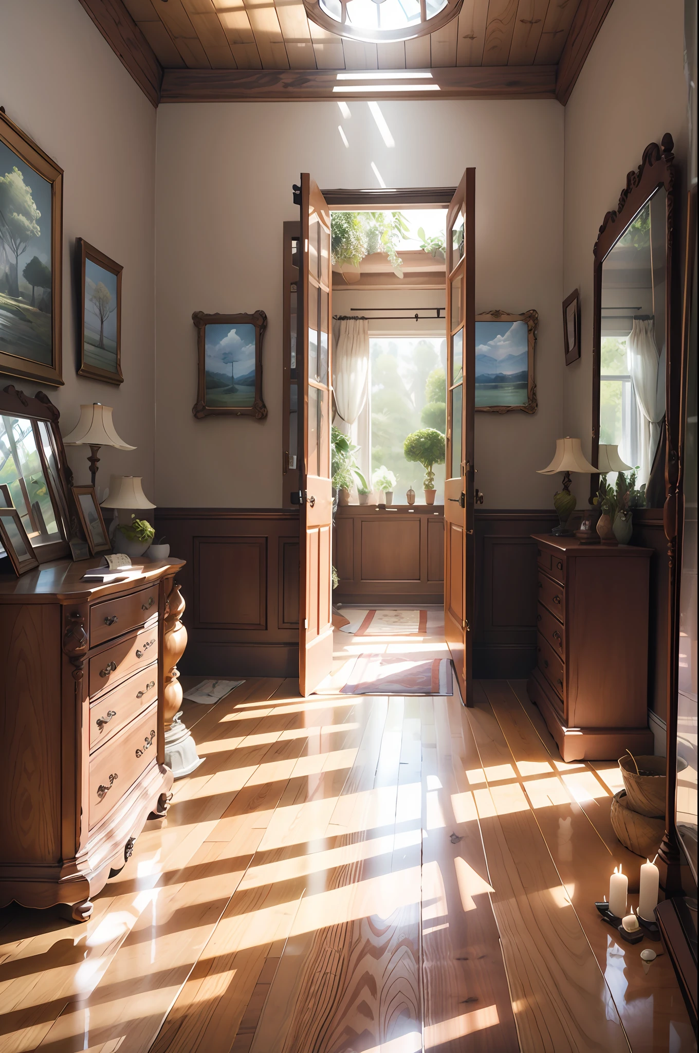 Bedrooms，Beds，janelas，rays of sunshine，窗帘，mirrors，doors，