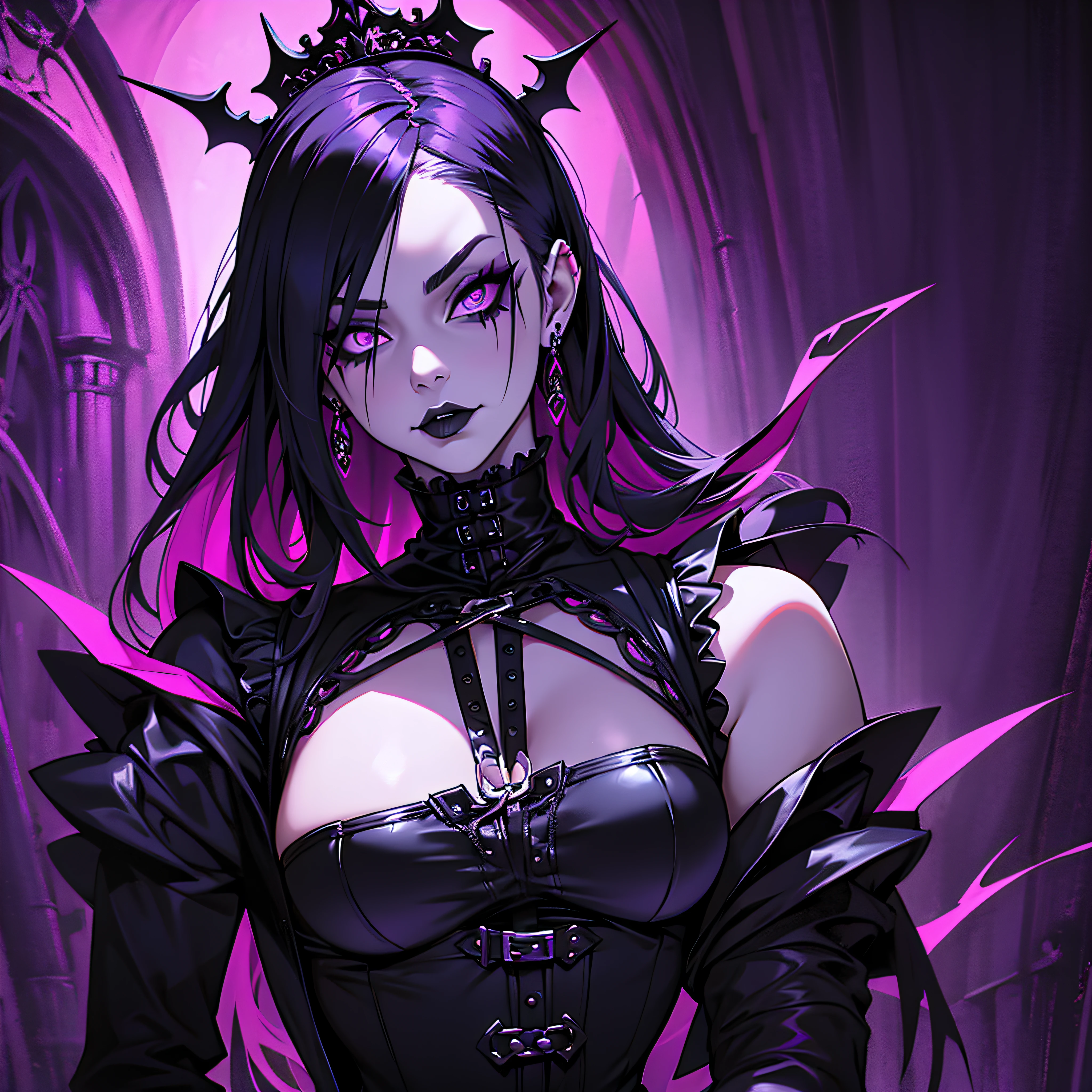 pose sentada, bright purple gothic background, gothic horror vibes, cosplay em Black Harley Queen, goth girl, goth woman, 1 7 - year - old goth girl,Gothcore, gotic girl, dark goth queen, gothic maiden, very beautiful goth top model, goth clown girl, gothic maiden of the dark, animation style, --auto