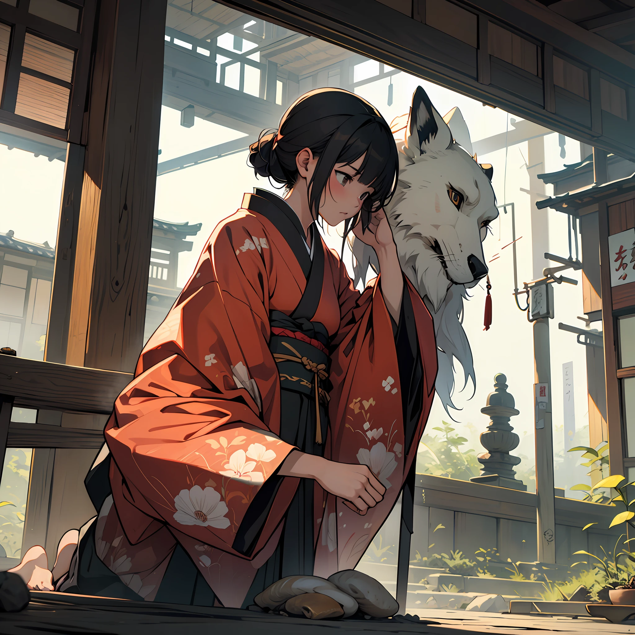 A Japanese style　fleeting　Semibob　Illustration style　Elements of Sum　Wabisabi　devastated　Near-futuristic　Girl Wearing Kimono --auto