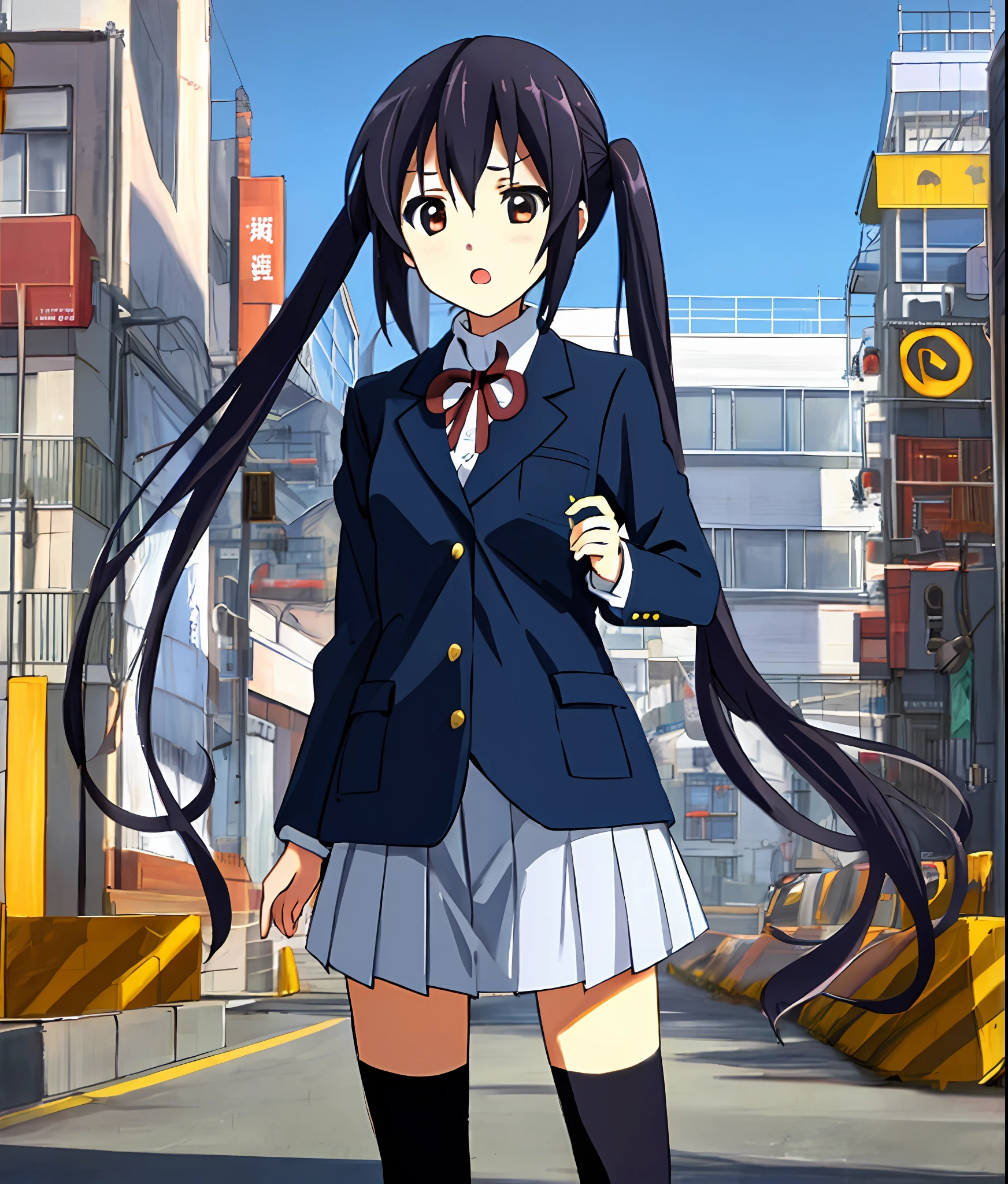 1girl, (((masterpiece))), top-quality, top-quality, High Details, nakano azusa, 1girl, Sakuragaoka High School Uniform,student clothes, Twin-tailed, length hair, A dark-haired, brown-eyed, 独奏, reddish, Dark blue blazer with thin red ribbon, Solid white buttoned shirt under blazer, illustratio, comic strip, soothing tones, Subdued Color, Soft cinematic light, adobe lightroom, photolab, HDR, intricately and hyper-detailed、(((depth of fields))))。(((masterpiece)))。(((top-quality))).)((ultra-detailliert)))。(((illustratio)))。(((takeout))).dynamic focus.small breasts.(((Skyscrapers))).(((A city scape))).(((Face of sadness))). open mouth.(((put hands on the hip))).(((up chest))).