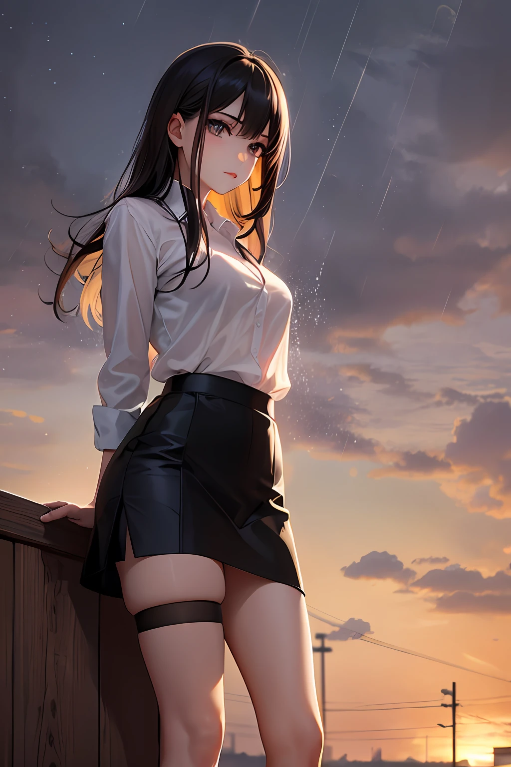 Thunderstorm days，In the rain，at dusk at golden hour，one-girl，It's raining outside，Wear a short skirt，Wearing stockings，Long black hair，Ultra-clear face，high high quality，Clear eyes。