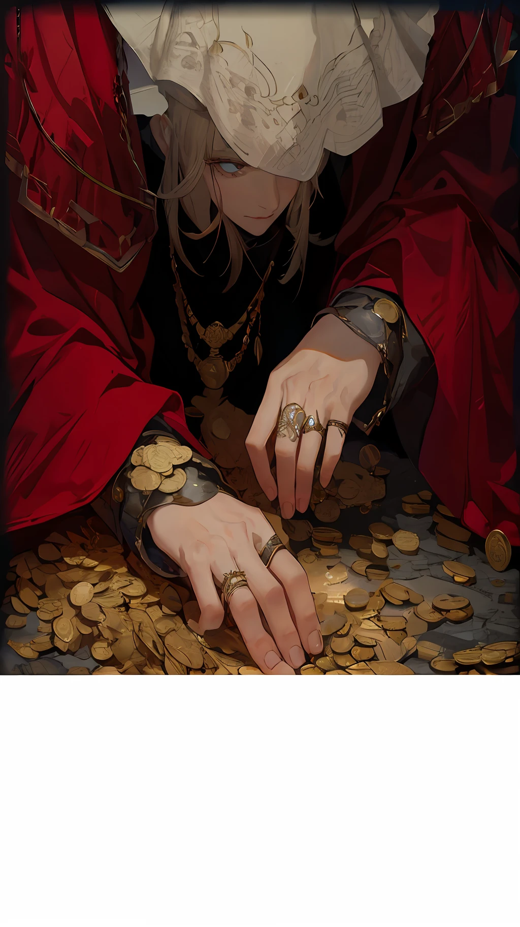 Arad men in red robes and white turbans are piling coins into a pile, Album art, Alukad, elden ring inspired, Elden ring style, witch paying for her sins, Inspired by Joan Lossel, The embodiment of greed, guweiz masterpiece, author:Ren Bo Nian, sakimi, full art, Holding gold, Low fantasy