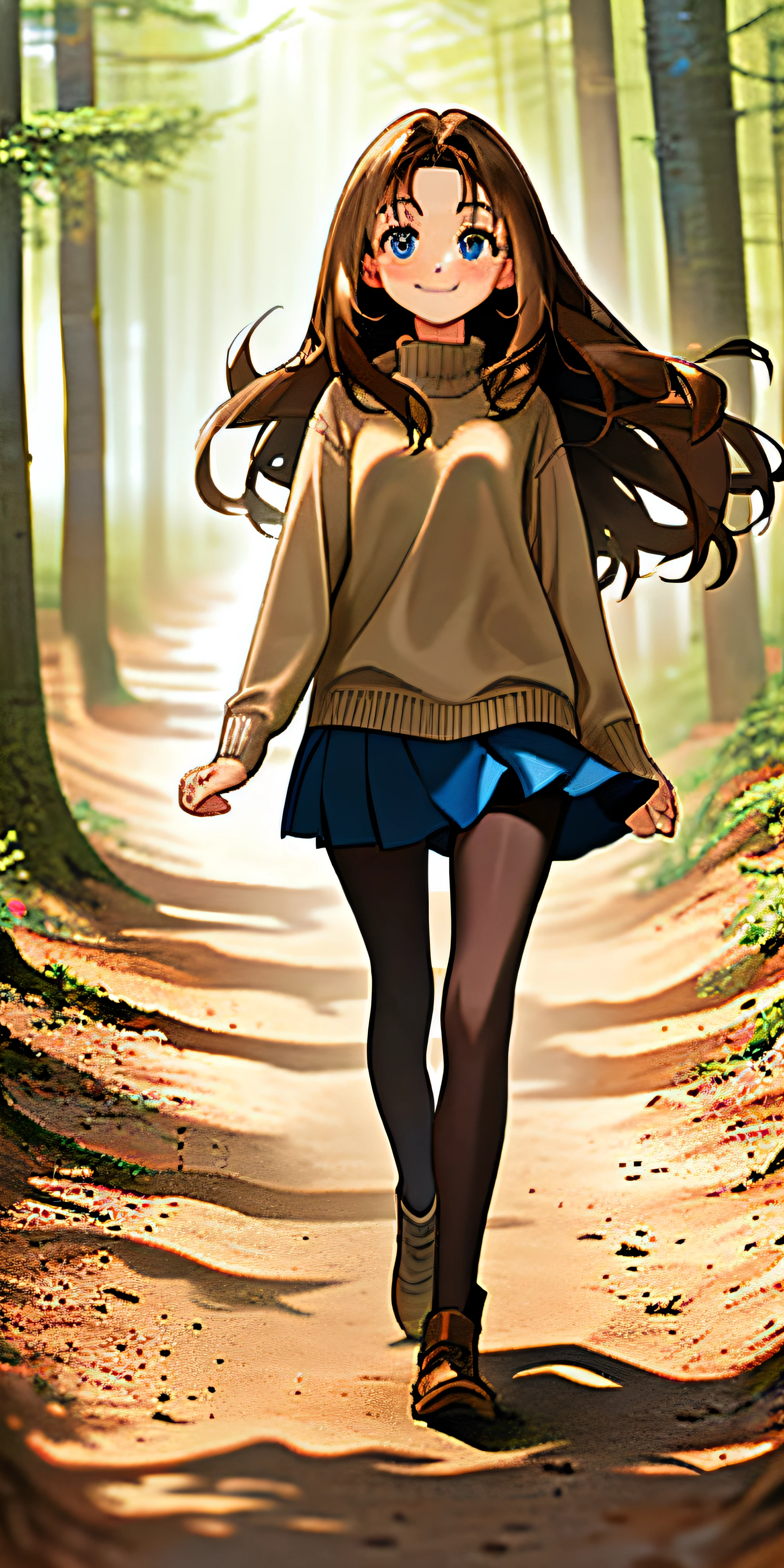 (masterpiece, best quality), girl, long brown hair, blue eyes, beige sweater, short skirt, pantyhose, blushing, smiling, walking on a dirt path, forest.