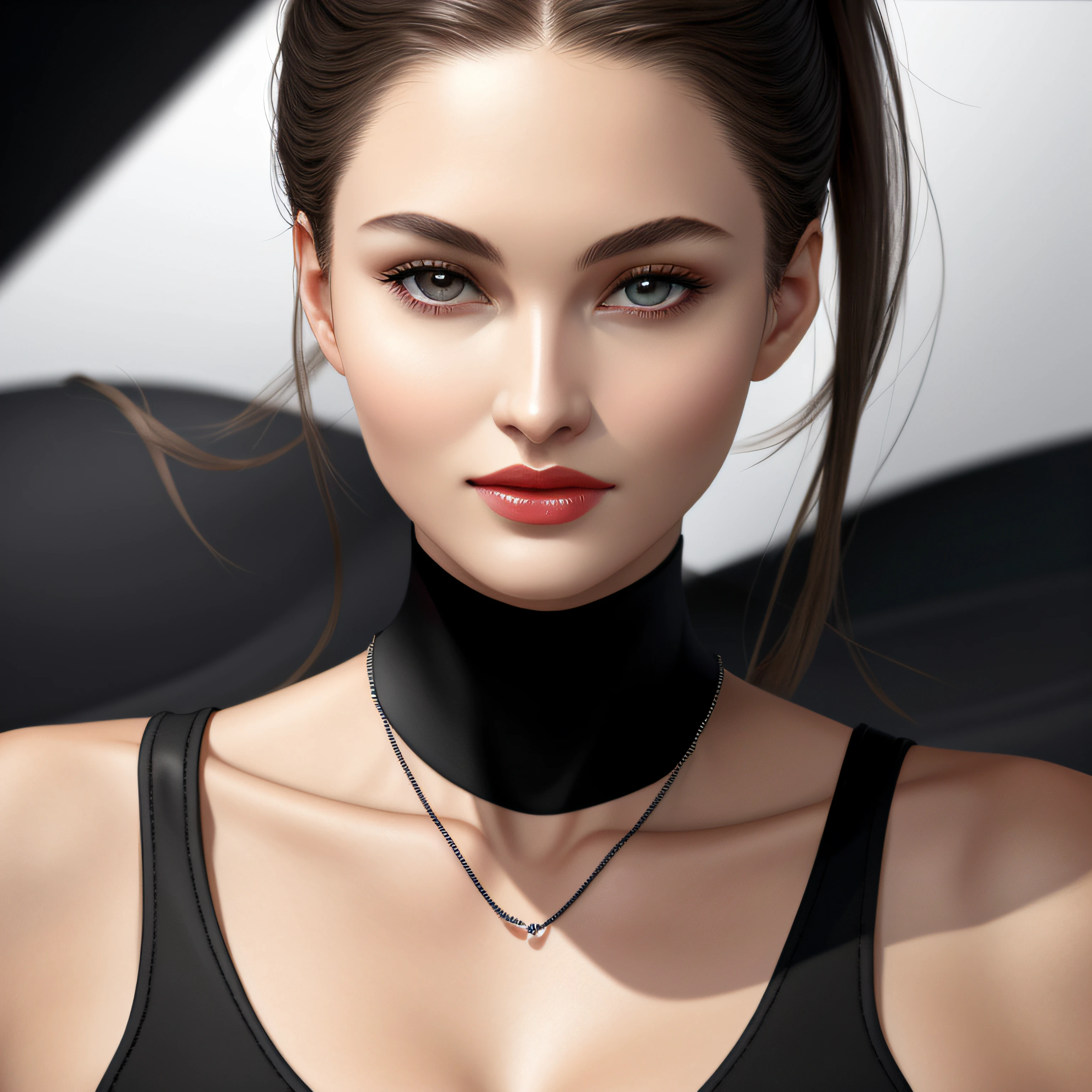 Close-up one((Amazing))woman,Thin black necklace,4K,high high quality,tmasterpiece,aethereal,(staring right into camera:1.4),realistic skin textures,(Moisturize and plump lips),s the perfect face,high ponytails,Seductive eye,Raised sexy,balding,(((No hair))),
