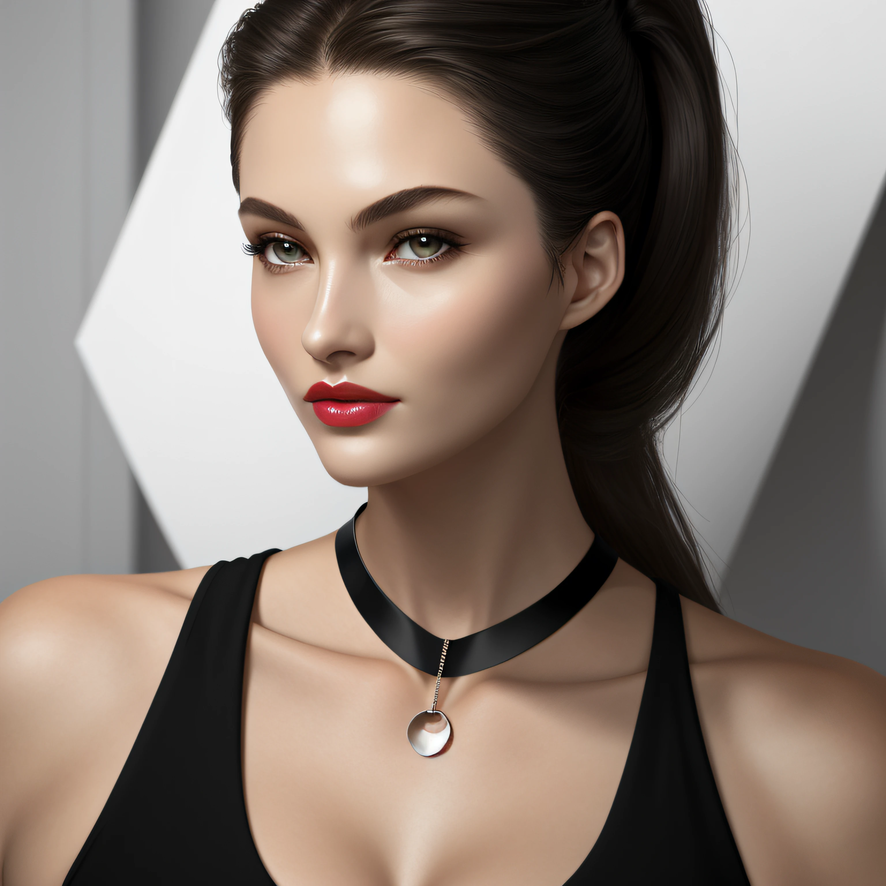 Close-up one（（Amazing））woman，Thin black necklace，4K，high high quality，tmasterpiece，aethereal，（staring right into camera：1.4），realistic skin textures，（Moisturize and plump lips），s the perfect face，high ponytails，Seductive eye，Raised sexy，balding，（（（No hair））），