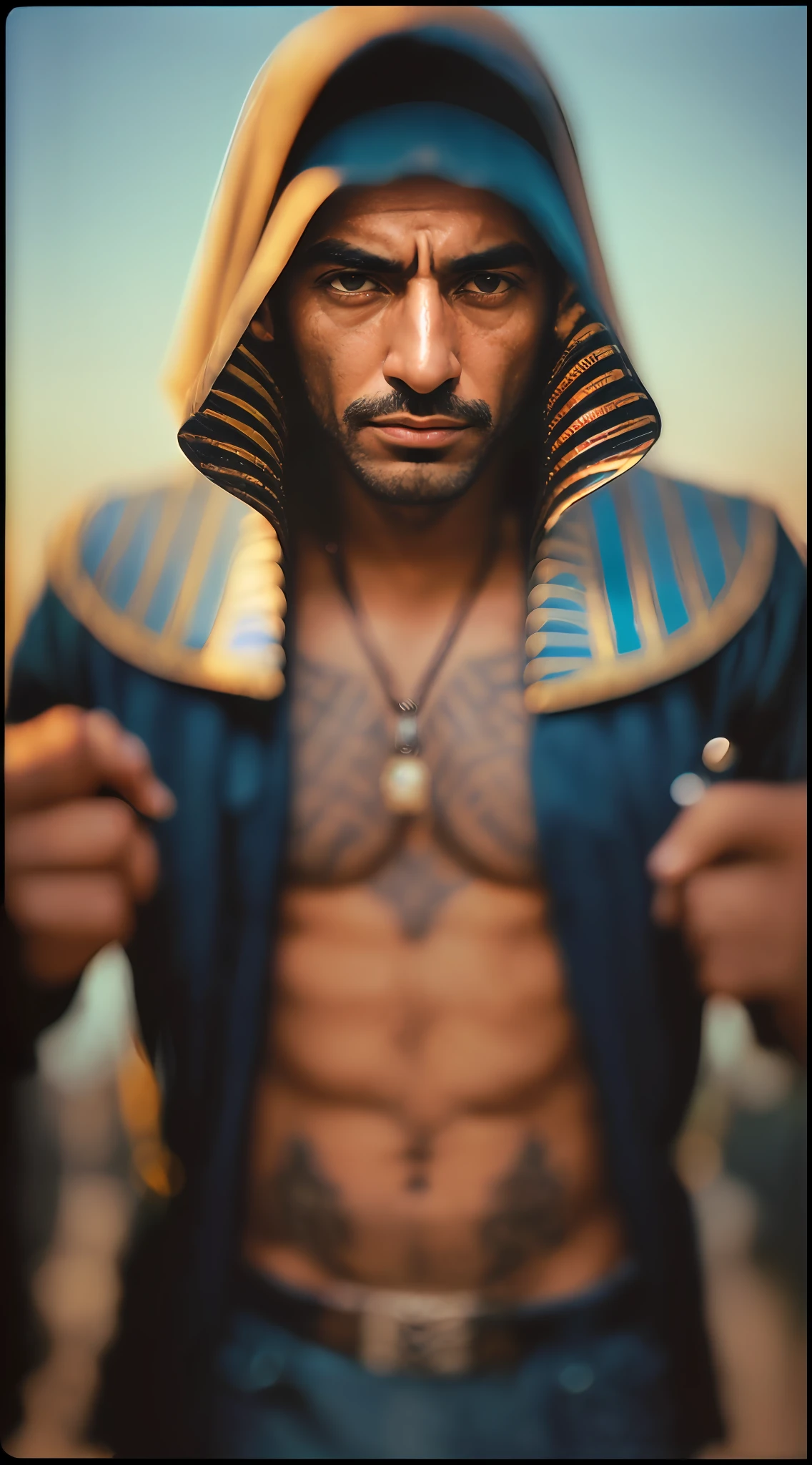 ( 
    (Character: one egyptian man, occultist, traits:1.5, black skin:1.4) 
    (Clothing: brown coat with egyptian symbols, egyptian amulets, egyptian tattoos)
    (Posing against a city street at night)
    (Abstract colors, texture, film grain, analog style, cinematic movie still frame, blue color scheme)
    (Skin pores, dusty atmospheric haze, vignetting, wrinkles:0.2, intricate hasselblad dslr RAW dramatic portrait photo, eye contact, nofilter selfie, (backlit)1.2, (film grain)1.2)
)