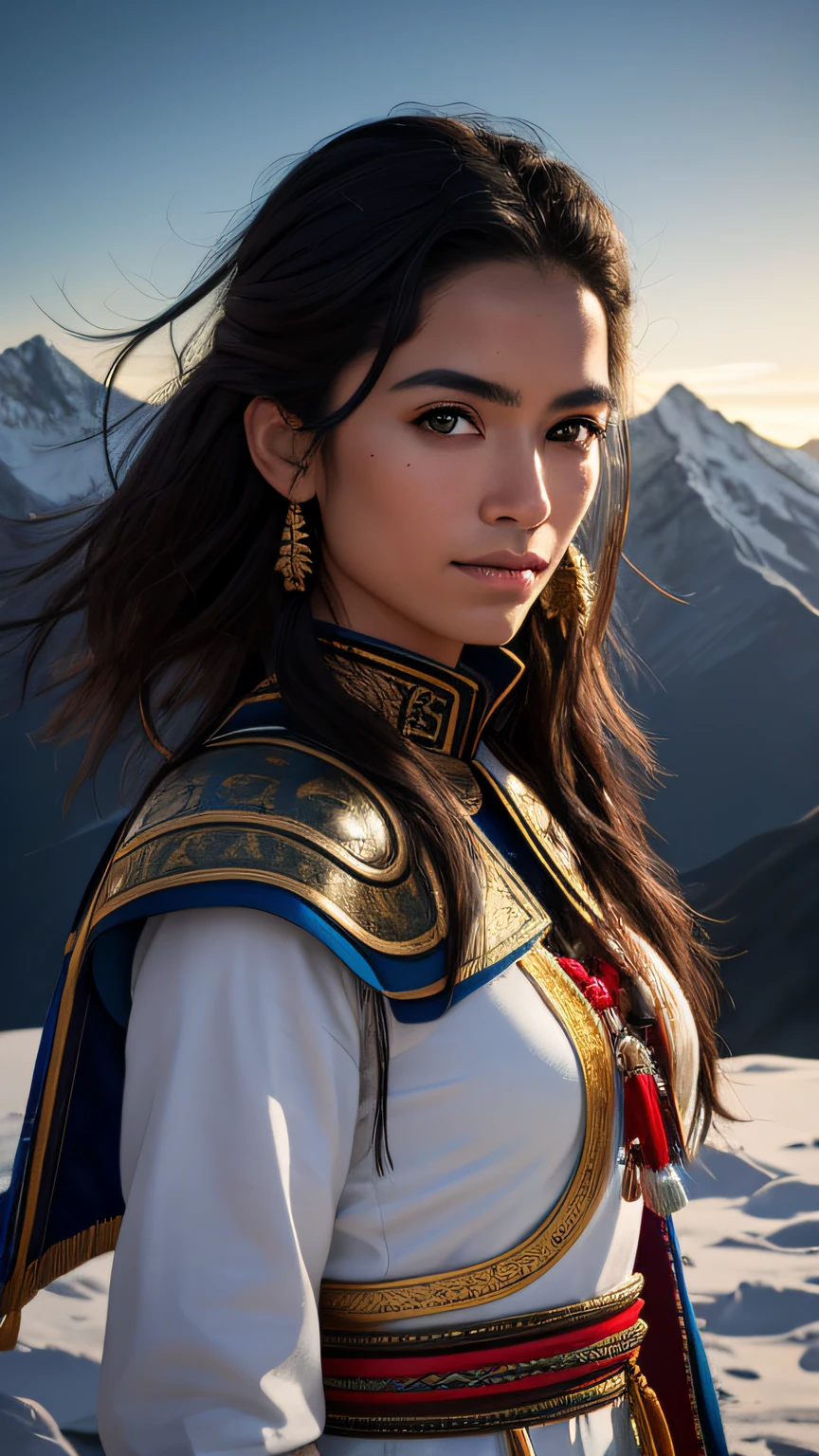 1GIRL 33YEARS, peruano, Pelo largo negro, PRINCESA INCA, FOTO TOMADA DESDE UN PISO CORTO Y MEDIANO, tetas grandes, VESTIDO TRADICIONAL INCA TAHUANTINSUYO, HIJA DEL SOL, 8k portrait of beautiful cyborg with brown hair, intrincado, elegante, Altamente detallado, majestuoso, digital photography, Arte de Artgerm y Ruan Jia y Greg Rutkowski Surrealista, (Obra maestra, sidelit, Hermosos ojos finamente detallados: 1.2), HDR, Foto RAW, Una foto de retrato, piel natural, 8k UHD, alta calidad, Film grain, Fujifilm XT3, LOS OJOS SE TRINCAN, CARA HERMOSA, OJOS ULTRA DETALLADOS, MOUNTAINS OF THE HILLS ANDENES SNOWY BOTTOM, piel natural, puesta del sol, Mountains, nubes,