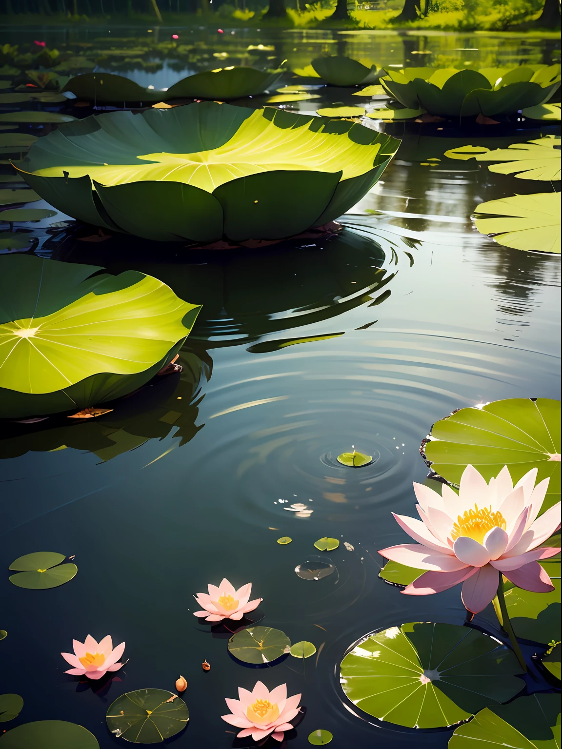 Thick green new leaves, emerald green leaves, clear water, reflecting the sun, lotus leaves floating, water droplets dripping, quiet lake, breeze blowing, lotus flowers, tranquility