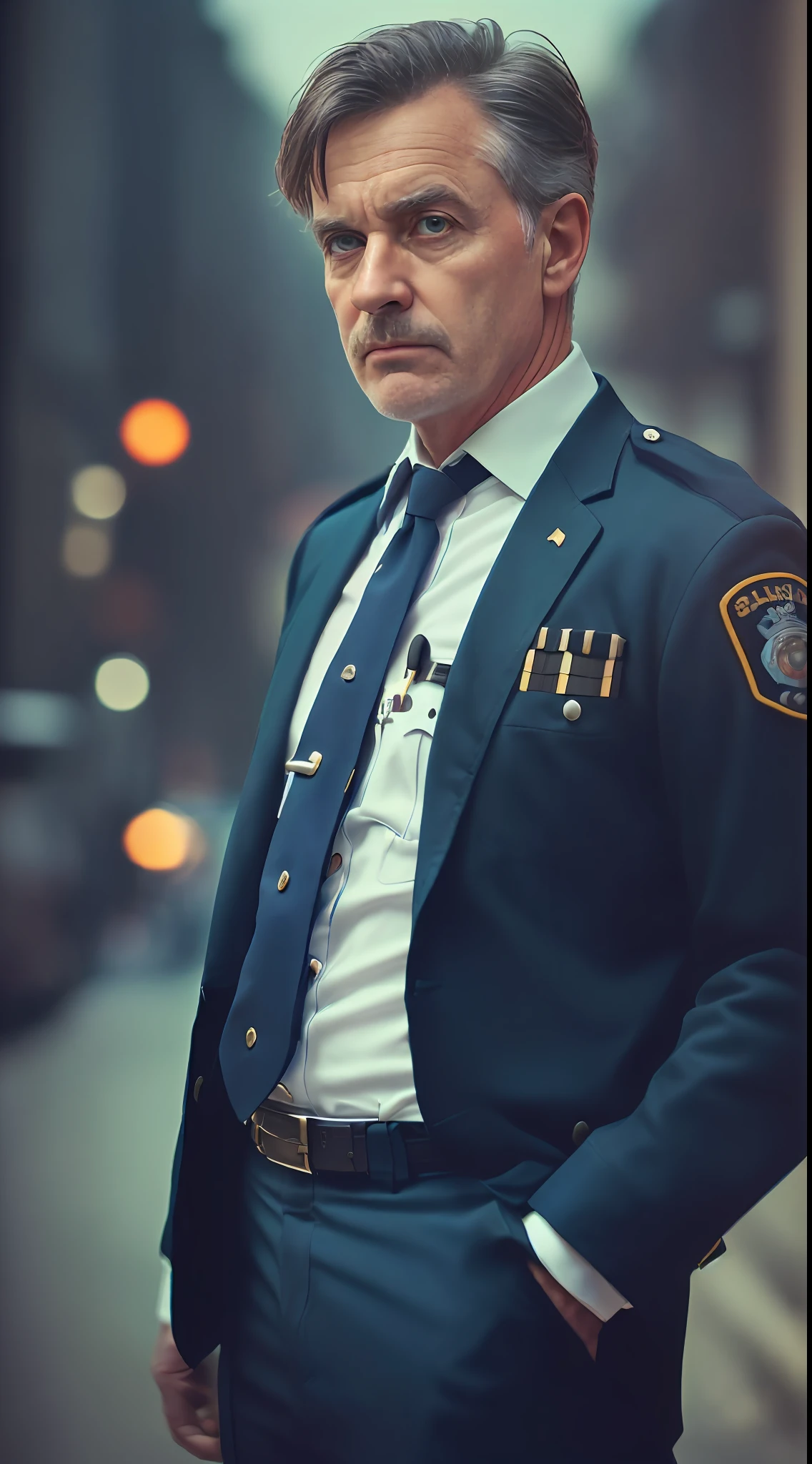 (
    (Character: one English man, 40 years old, police, serious expression, short windswept  hair, strong body)
    (Clothing: blue police uniform, Tie, social pants),sfw
    (Posing against a city street at night)
    (Abstract colors, texture, film grain, analog style, cinematic movie still frame, blue color scheme)
    (Skin pores, dusty atmospheric haze, vignetting, wrinkles:0.2, intricate hasselblad dslr RAW dramatic portrait photo, eye contact, nofilter selfie, (backlit)1.2, (film grain)1.2)
)