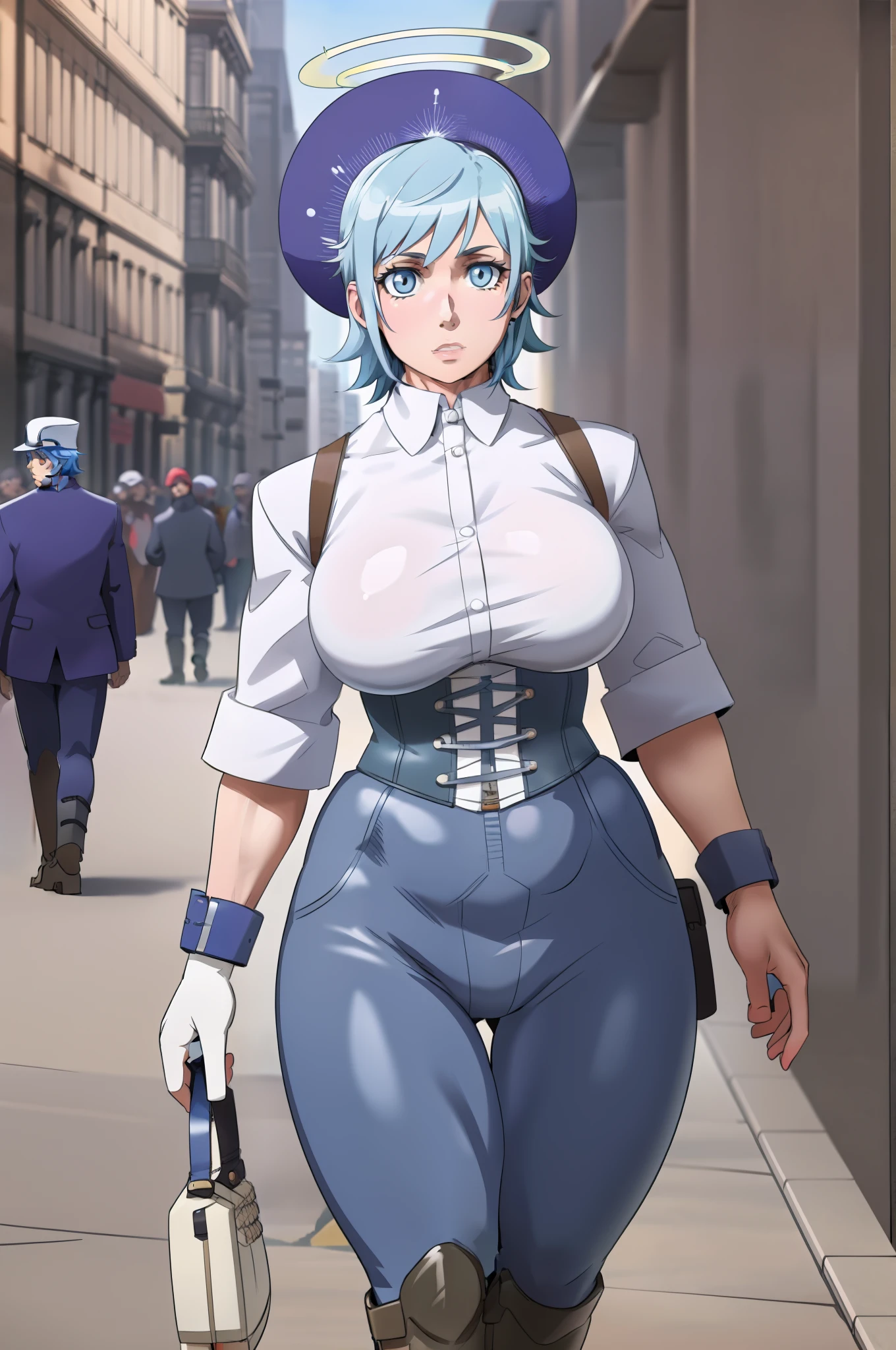 Omniels, blue hair, short hair, hat, angel halo, corset, boots,vest, gloves, big breast, alone, walking