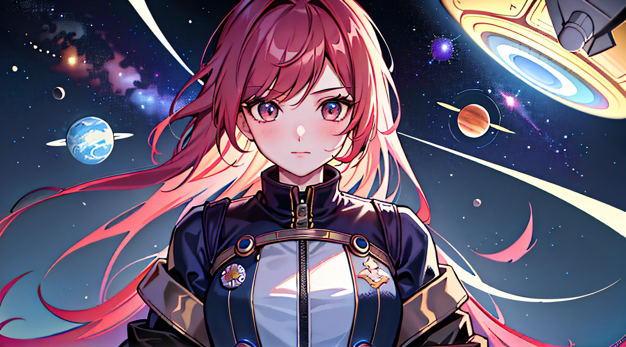 best quality, (masterpiece), Ultra-detailed, (novel illustration:1.2), (korean webtoon style:1.2), (bold line), (highres:1.2), dramatic light, 1girl, observatory, looking at space through long Telescope, space, planets, falling stars, light lines among planets, looking above, beutiful face, cogwheels