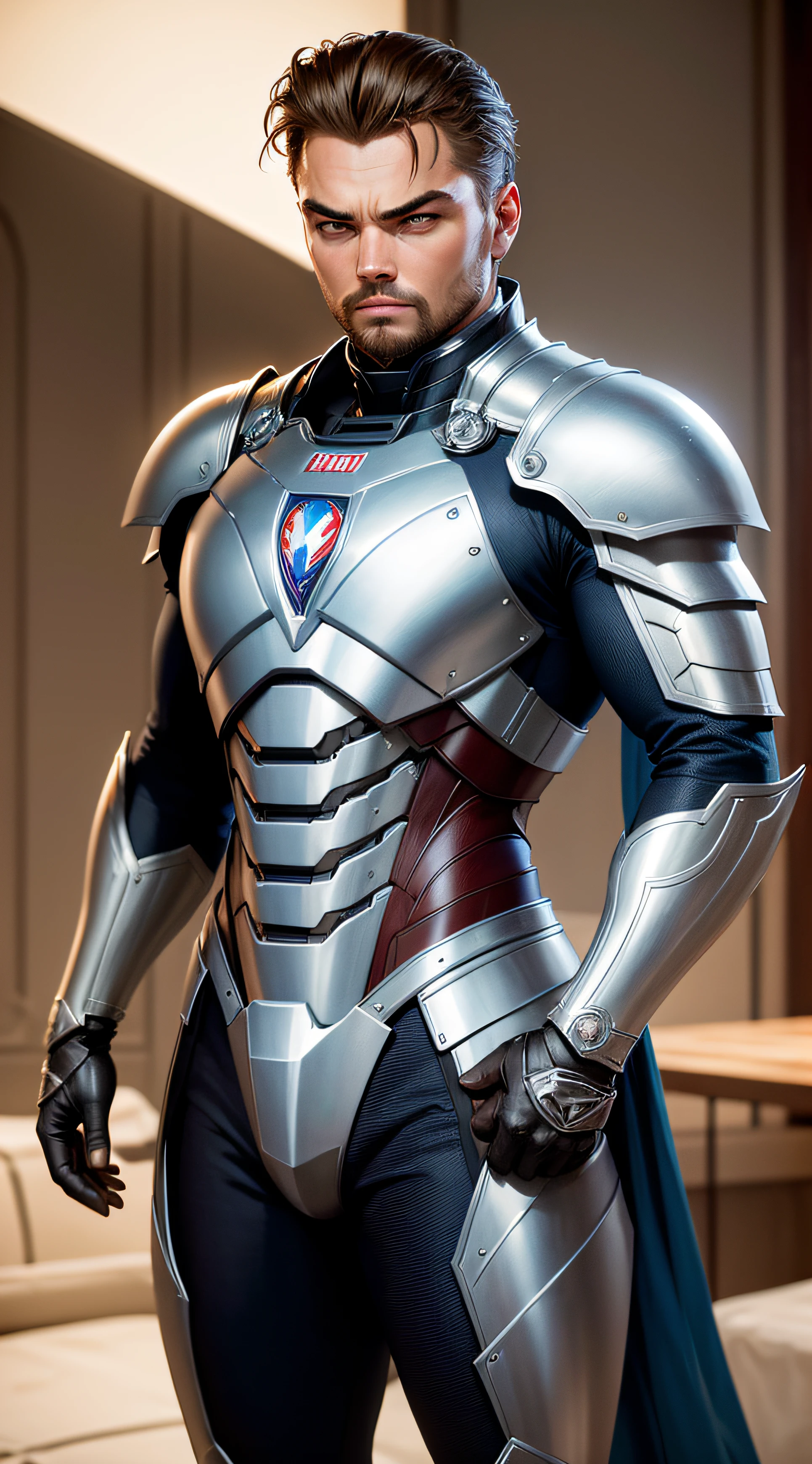 ((melhor qualidade, 8k, master part: 1.3)),de Leonardo DiCaprio como super heroi homem de ferro, pele lisa, elegante, Quiff, hunter's eyes, eyes casthenhos, then, Nova Iorque, Nova Iorque, Nova Iorque, Armadura do Homem de Ferro, Armadura do Homem de Ferro Marvel, Manhatthen, armadura altamente detalhada do homem de ferro, barba curta --auto