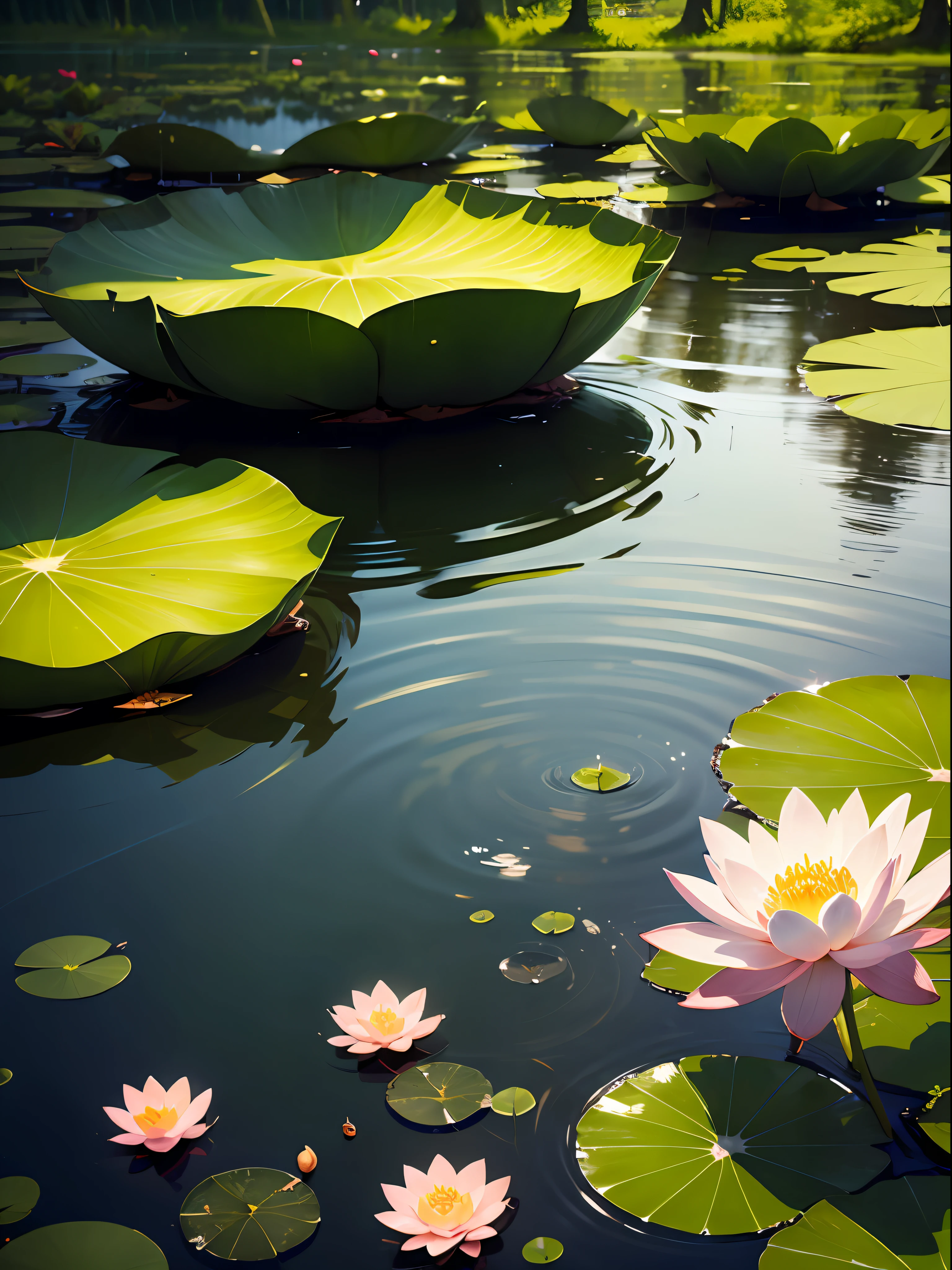 Thick green new leaves, emerald green leaves, clear water, reflecting the sun, lotus leaves floating, water droplets dripping, quiet lake, breeze blowing, lotus flowers, tranquility