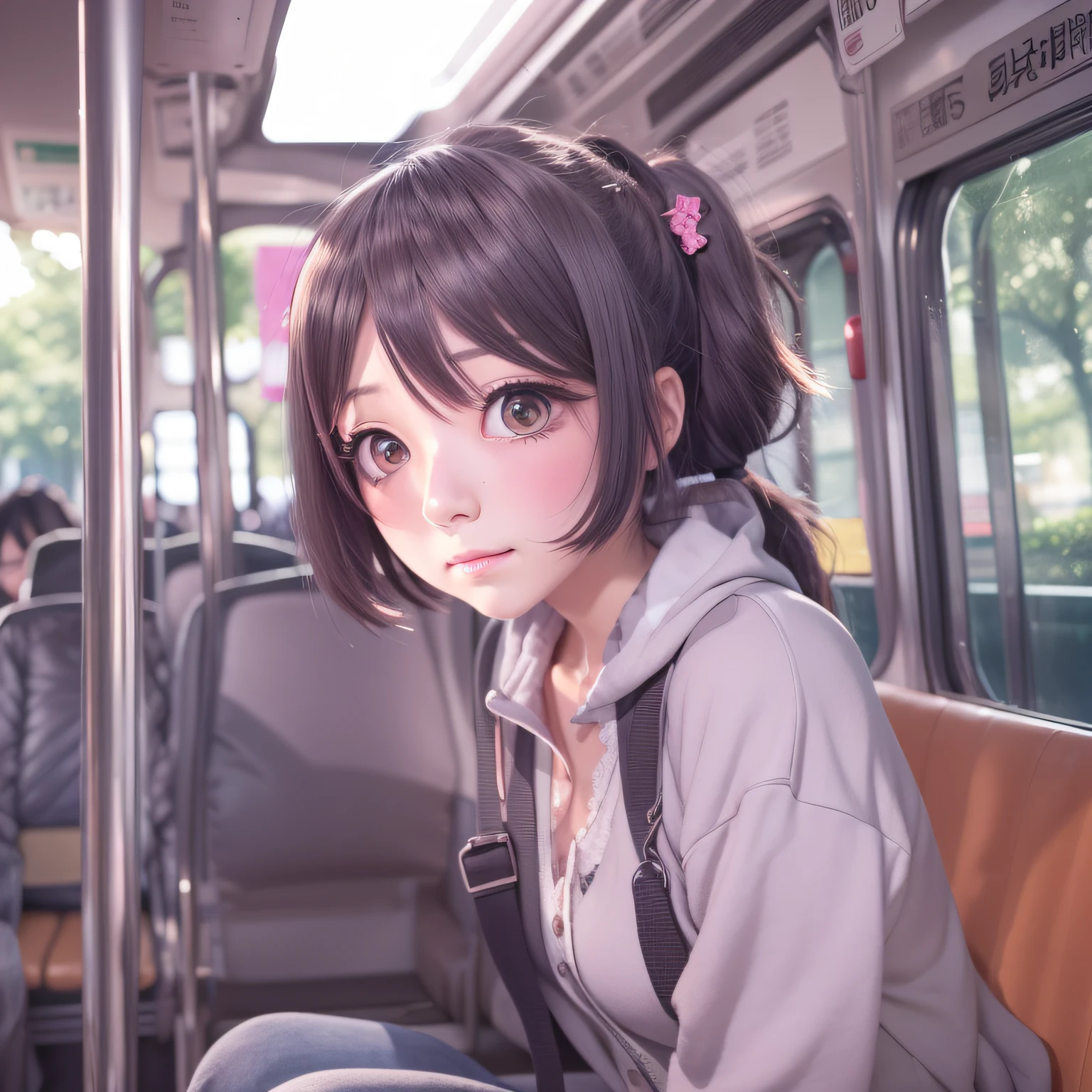 There is a woman sitting in a bus seat with her legs crossed, um desenho de anime por Jin Homura, trending on pixiv, arte de contexto, arte cg anime suave, menina bonita do anime high school, visual novel cg |, Hanayamata, Estilo anime misturado com Fujifilm, 3d menina anime, tokyo anime scene, anime moe artstyle, uma aluna hiperrealista,calcinha-tiro, tiro de calcinha, Calcinha