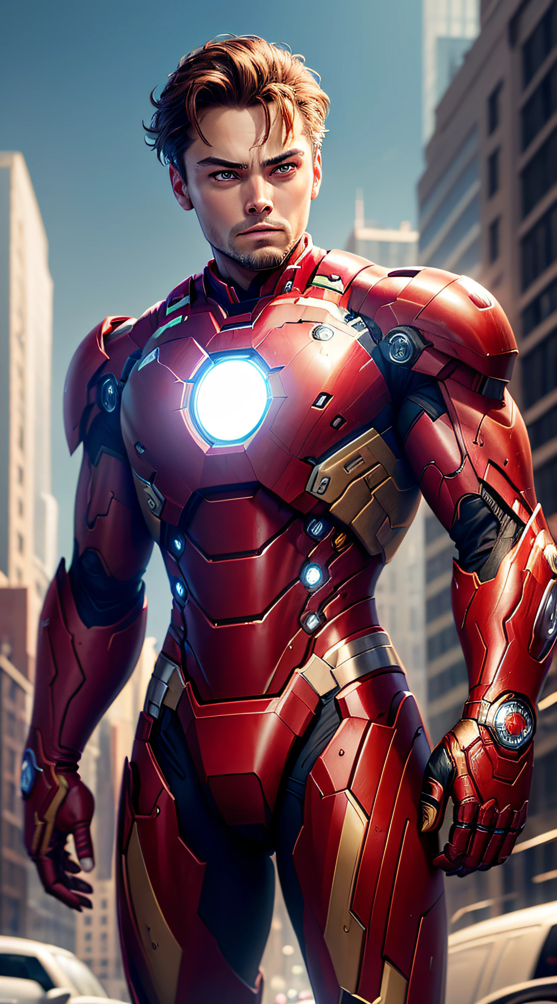 ((Best Quality, 8K, Masterpiece: 1.3)), handsome, Leonardo Di Caprio, smooth skin, stylish, quiff, hunter eyes, brown eyes, tan, new york city, new york, new york, iron man armour, marvel iron man armour, Manhattan, highly detailed iron man armour, short beard --auto