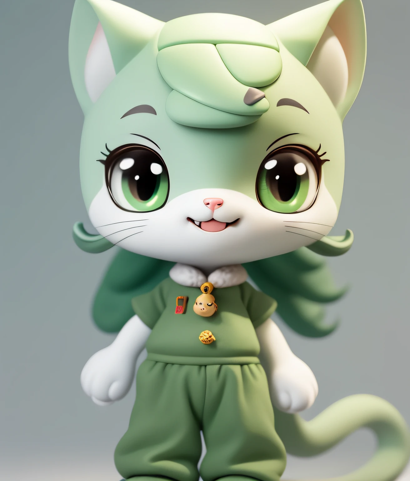 1gato,Gato boy fofo, sentado ,Chibi,fofo,um gato boy, fofo((muito fofinho)) filhote .tipo cartoon, green and white fur, fofinho, detalhado, docinho,do/Sorrindo