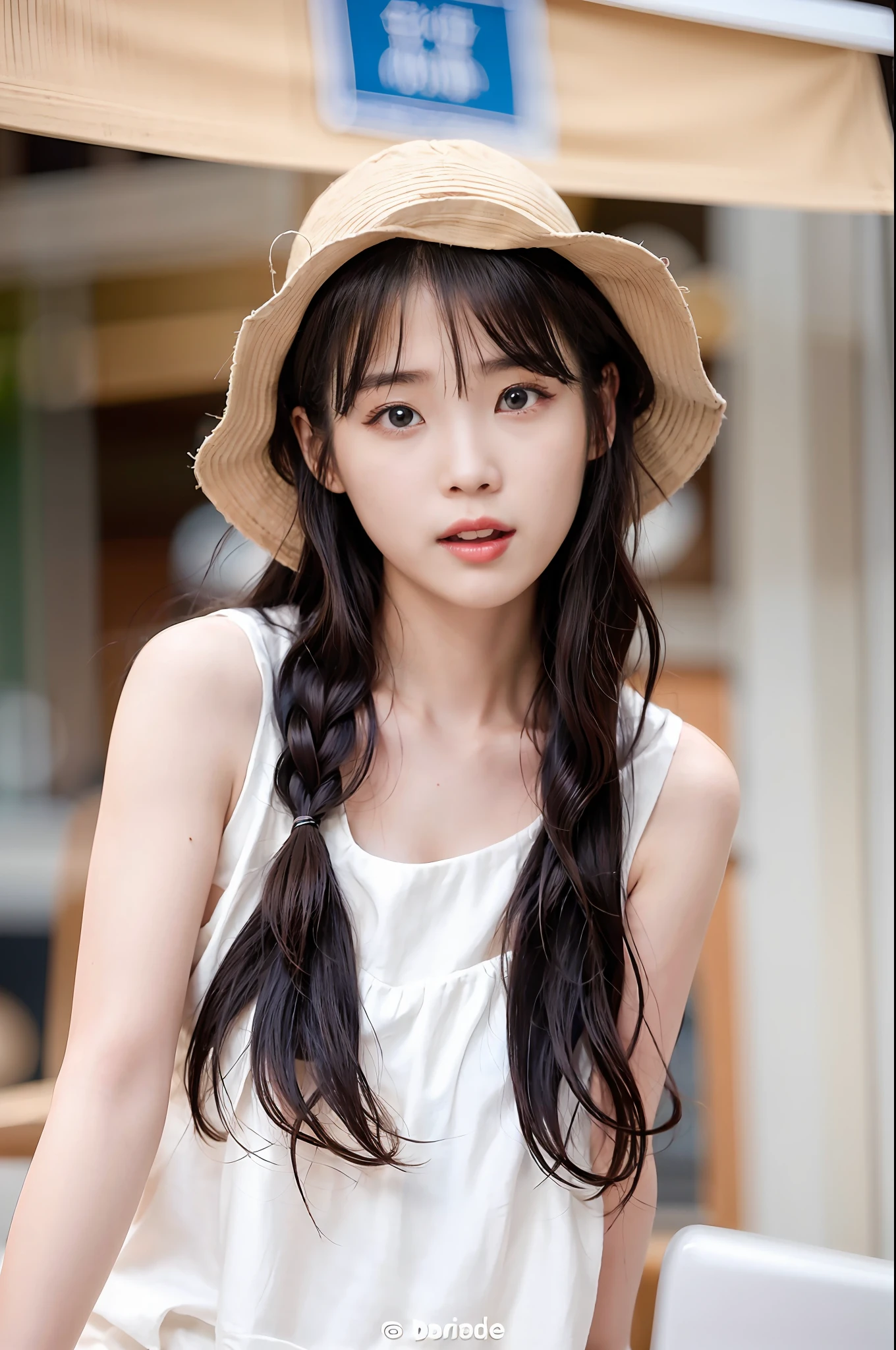 High quality, gentle and delicate, beautiful paintings. In the picture, the long-haired girl in a hat is wearing a white vest, long black hair, short bangs in front of her eyes, and thin braids on both sides, showing the beauty of an East Asian girl, while her body is slender and well-proportioned, full of youthful atmosphere. She appears in the picture with two girls with long two-tailed hair, one with a round and cute Asian face, and the other with a playful and pleasant Korean face, their hair is neatly combed, giving a fresh and vulgar feeling.