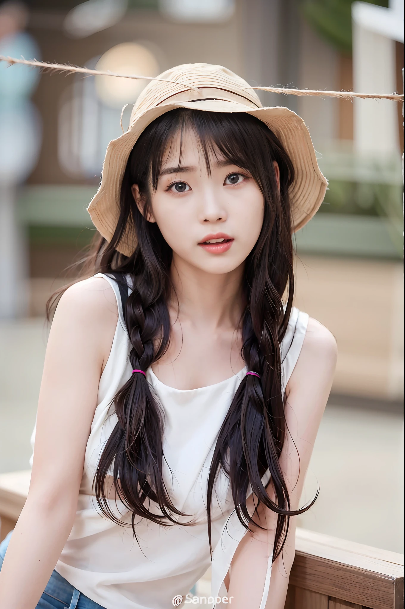 High quality, gentle and delicate, beautiful paintings. In the picture, the long-haired girl in a hat is wearing a white vest, long black hair, short bangs in front of her eyes, and thin braids on both sides, showing the beauty of an East Asian girl, while her body is slender and well-proportioned, full of youthful atmosphere. She appears in the picture with two girls with long two-tailed hair, one with a round and cute Asian face, and the other with a playful and pleasant Korean face, their hair is neatly combed, giving a fresh and vulgar feeling.