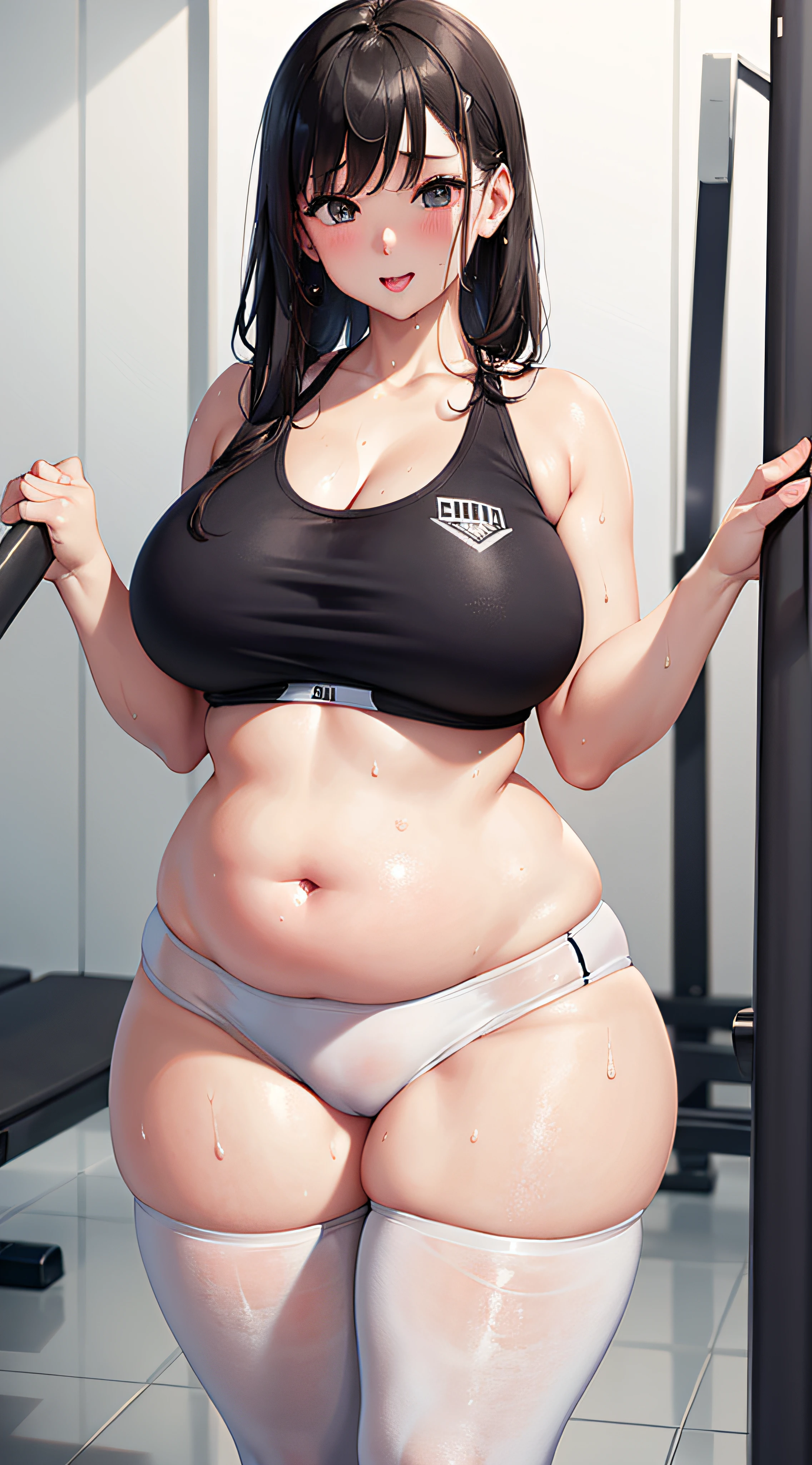 a girl, belly shot, sweaty, wet, gym, chubby, plump body, body only, perfect body, white legging, 175 cm, chubby breast, big breast, seductive face, sticking tounge out, saliva eyes rolling up