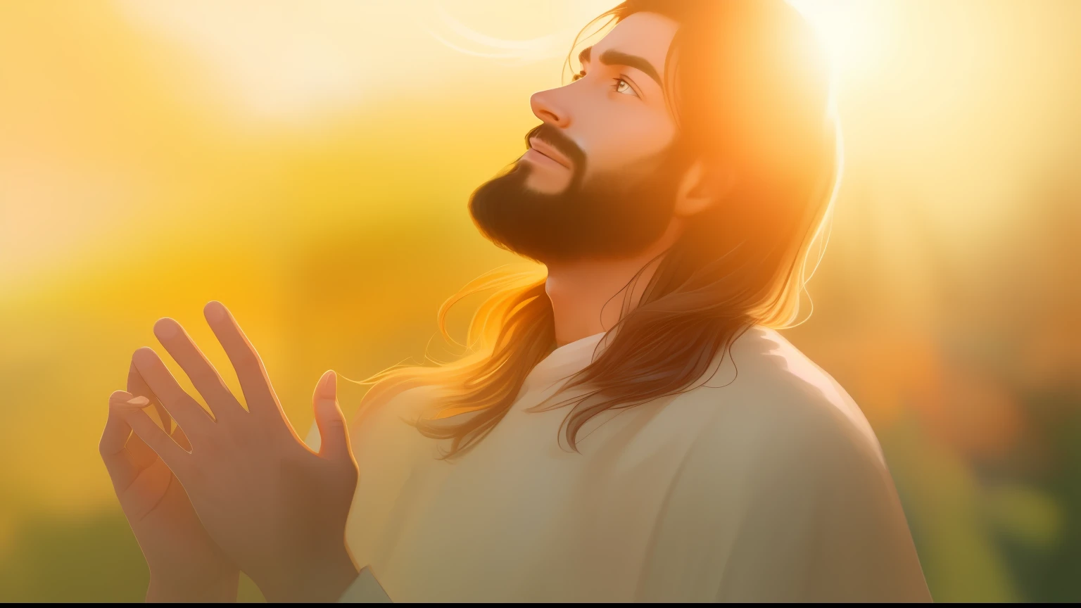pintura de um homem com cabelo comprido e barba rezando, Luz gloriosa, he is greeting you warmly, with his hands in his hair, Explodindo com a Luz Santa, O Senhor e Salvador, bible illustration, arte conceitual de deus, prophetic art, luz celestial, Directed by: Scott Gustafson, Greg Olsen, louvando o sol, Jesus Cristo, luz piedosa, a luz se curva para ele --auto