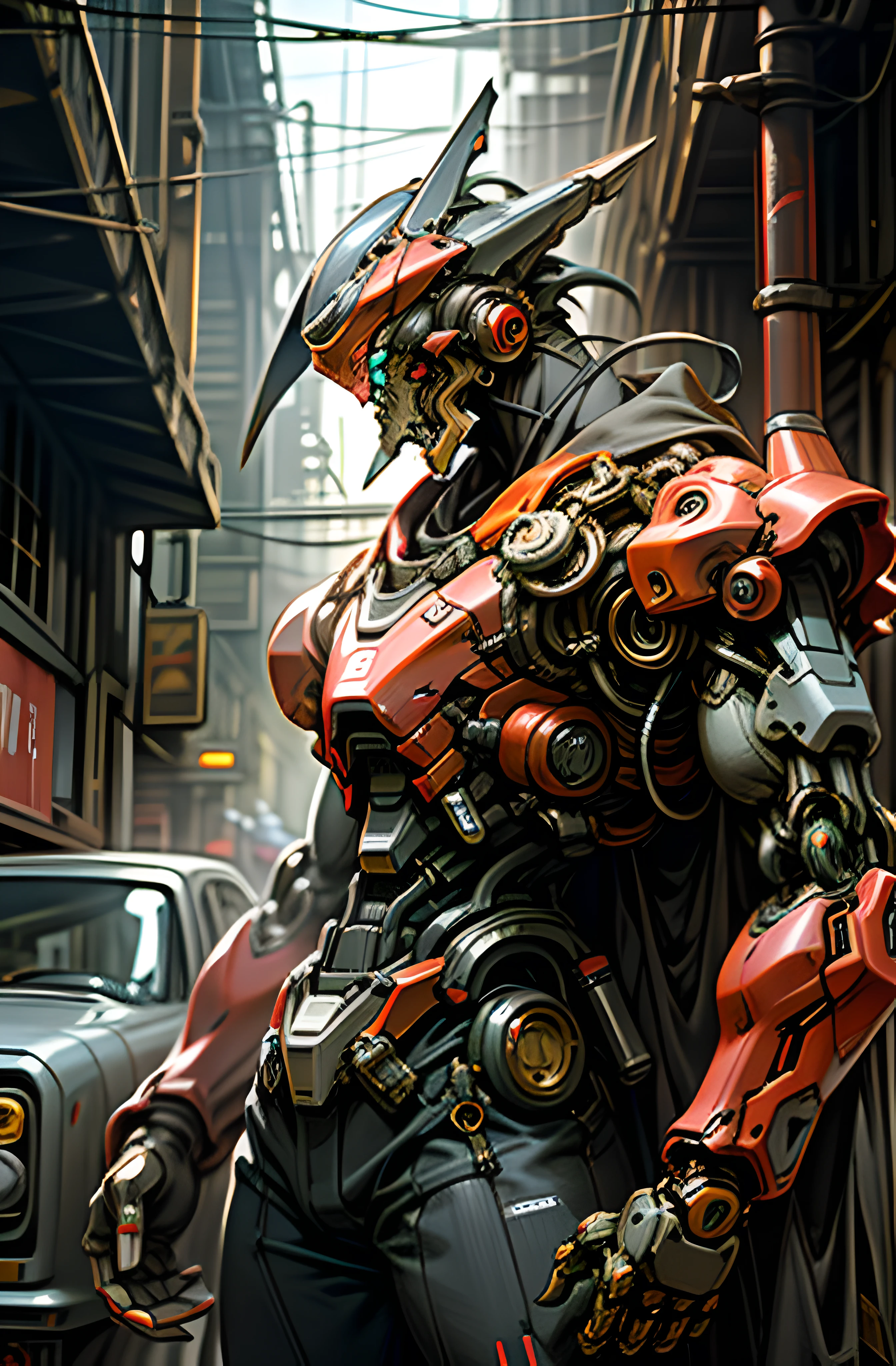 Dark_Fantasy,Cyberpunk,(chain saw,chain saw man,Red:1.1),1man,Mechanical marvel,Robotic presence,Cybernetic guardian, wearing a worn-out mech suit, intricate, (steel metal [rusty]), elegant, clear focus, shot by greg rutkowski, soft lighting, vibrant colors, masterpiece, ((street)), cowboy shot, dynamic pose,