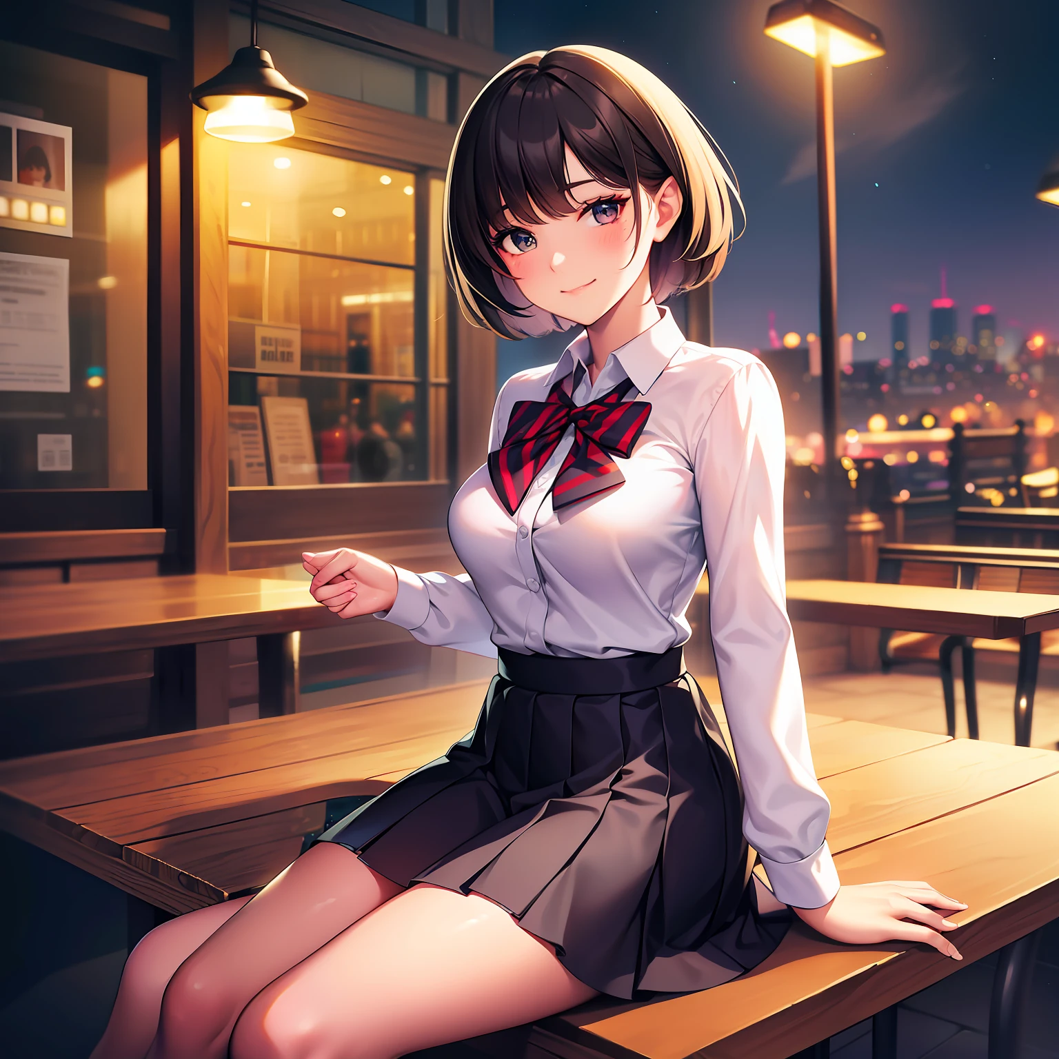 (8k, RAW photos, top quality, masterpieces: 1.2), (realistic, photorealistic: 1.37), super detailed, 1 girl, cute, solo, beautiful details sky, more cafe, night, sitting, dating, (blush), (smile: 1.1), (closed mouth), medium breasts, beautiful detail eyes, (collared shirt: 1.1), bow tie, pleated skirt, (short hair: 1.2) , floating hair