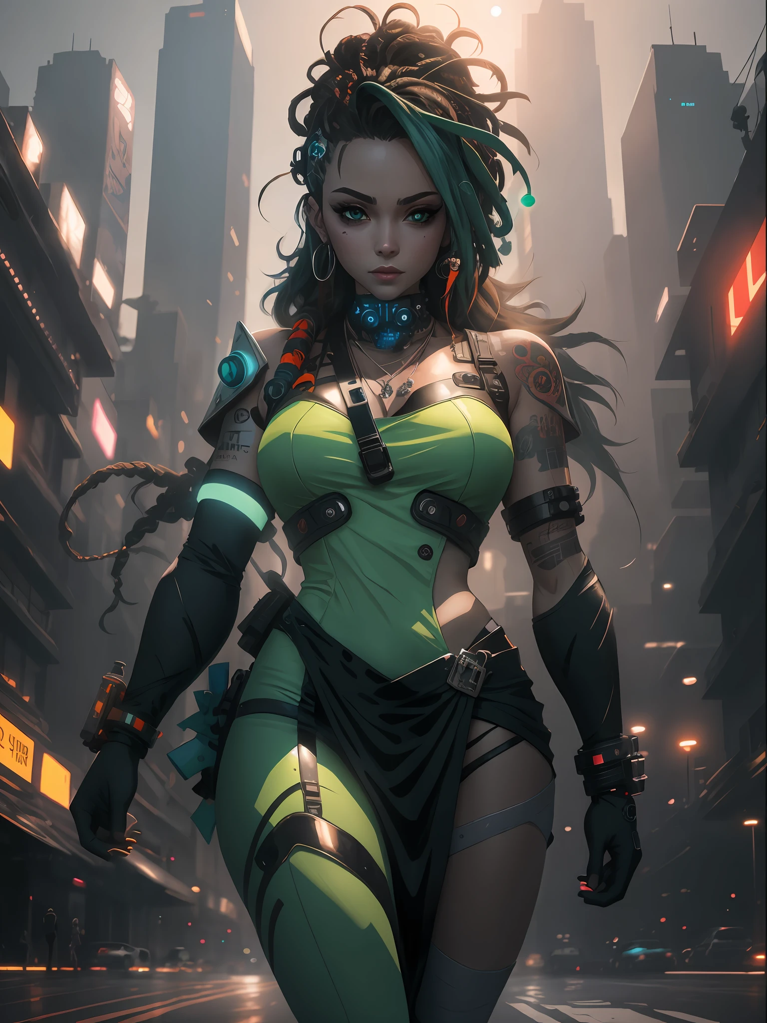 There is a woman in a green and black outfit walking down the street, arte digital do anime cyberpunk, cyberpunk themed art, estilo de arte cyberpunk, arte do personagem cyberpunk, arte de anime cyberpunk, Ross Tran 8 K, arte cyberpunk anime, arte cyberpunk de alta qualidade, advanced digital cyberpunk art, menina de anime cyberpunk feminino, garota anime cyberpunk, brilho cyberpunk brilhante, estilo de arte cyberpunk