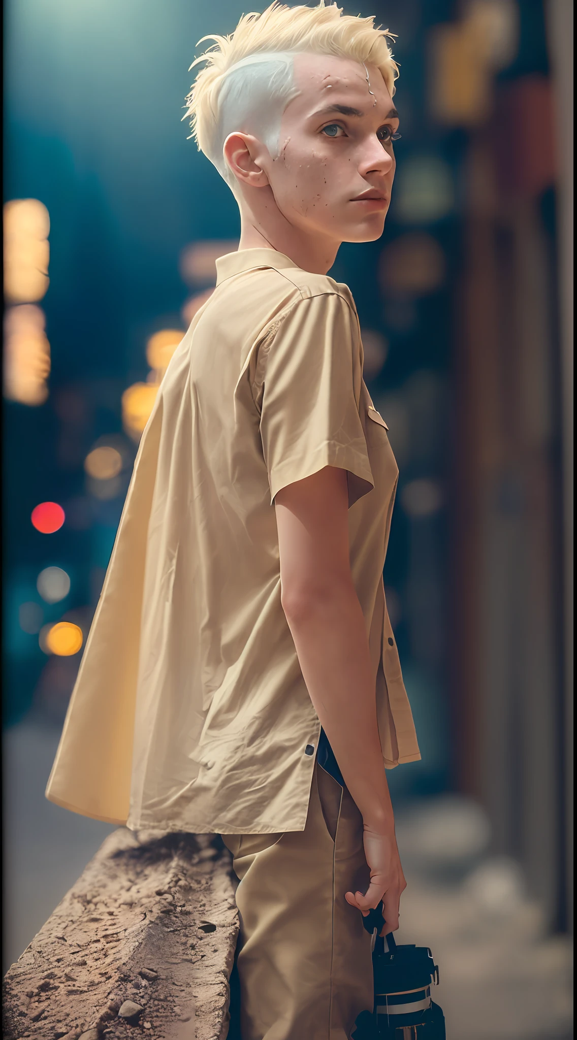 (
(Character: one boy, pale skin, shaved hair, scars, lean body)
(Clothing: beige shirt, boots)
(Posing against city street at night)
(Abstract colors, texture, film grain, analog style, cinematic movie still frame, beige color scheme)
(Skin pores, dusty atmospheric haze, vignetting, wrinkles:0.2, intricate hasselblad dslr RAW dramatic portrait photo, eye contact, nofilter selfie, (backlit)1.2, (film grain)1.2)
)