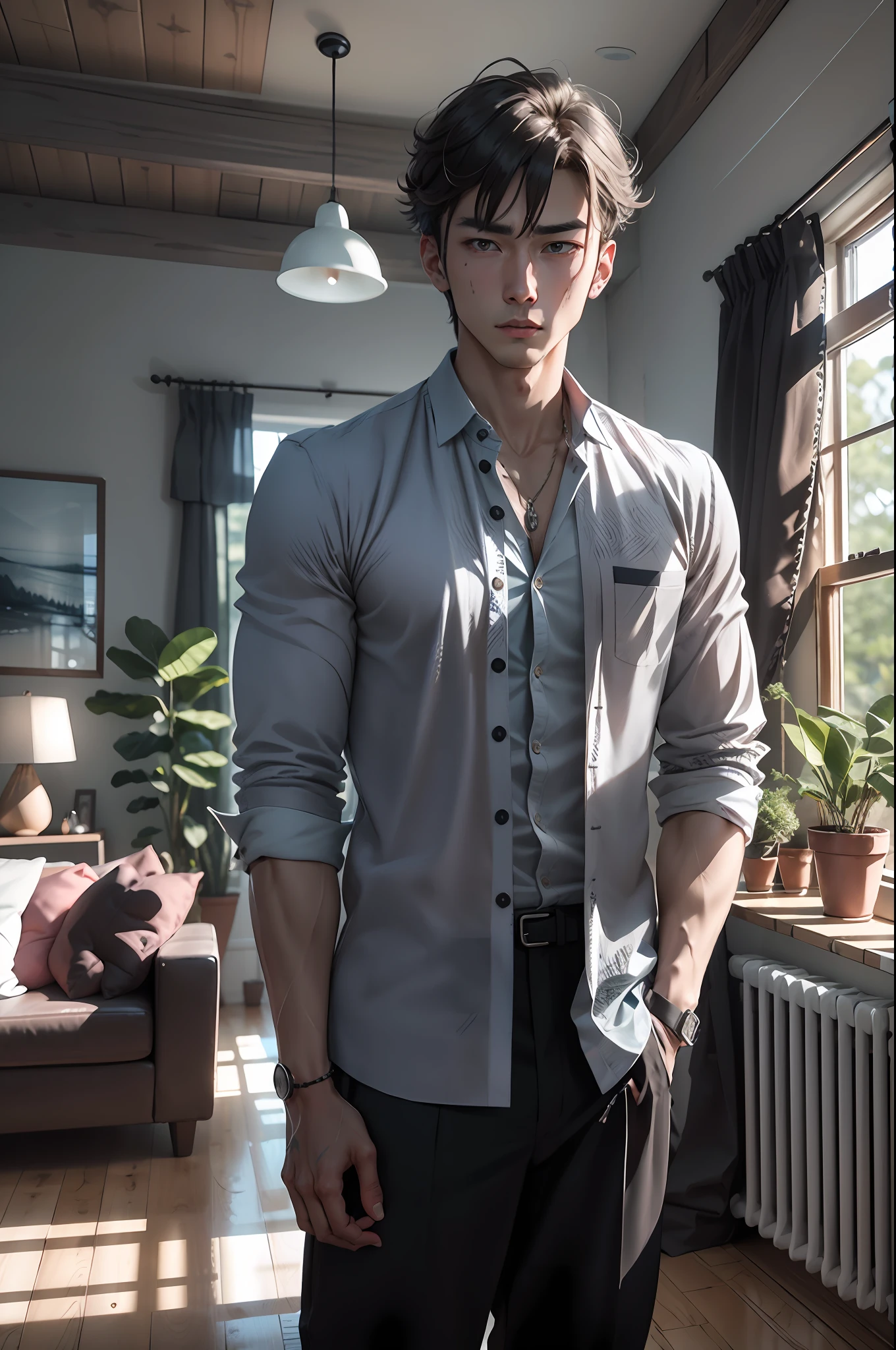 Handsome youth，年轻，In the living room，Painful expressions，Young body