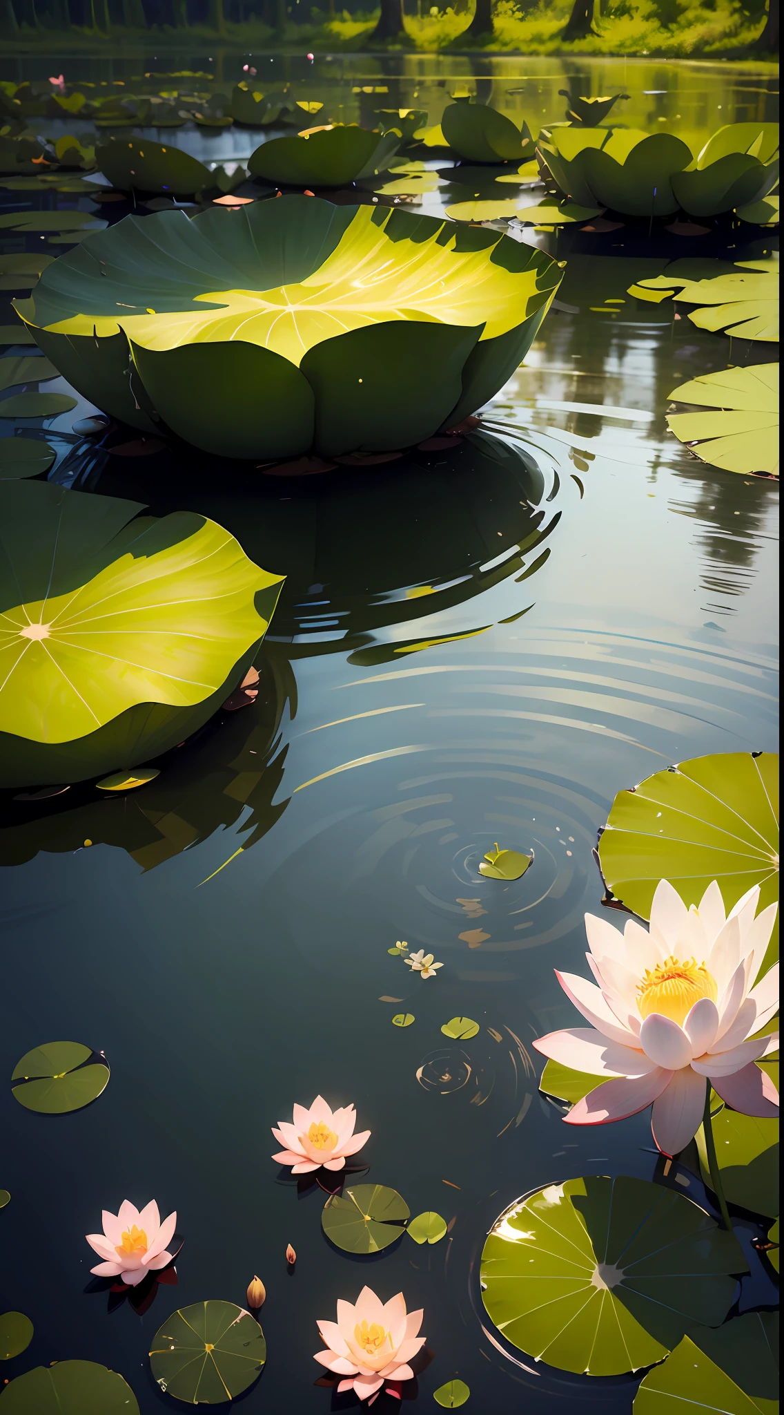 Thick green new leaves, emerald green leaves, clear water, reflecting the sun, lotus leaves floating, water droplets dripping, quiet lake, breeze blowing, lotus flowers, tranquility
