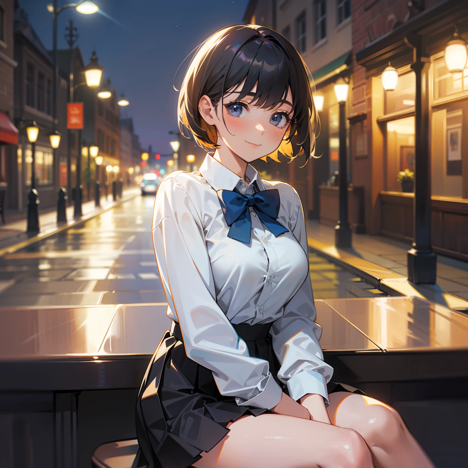 (8k, RAW photos, top quality, masterpieces: 1.2), (realistic, photorealistic: 1.37), super detailed, 1 girl, cute, solo, beautiful details sky, more cafe, night, sitting, dating, (blush), (smile: 1.1), (closed mouth), medium breasts, beautiful detail eyes, (collared shirt: 1.1), bow tie, pleated skirt, (short hair: 1.2) , floating hair