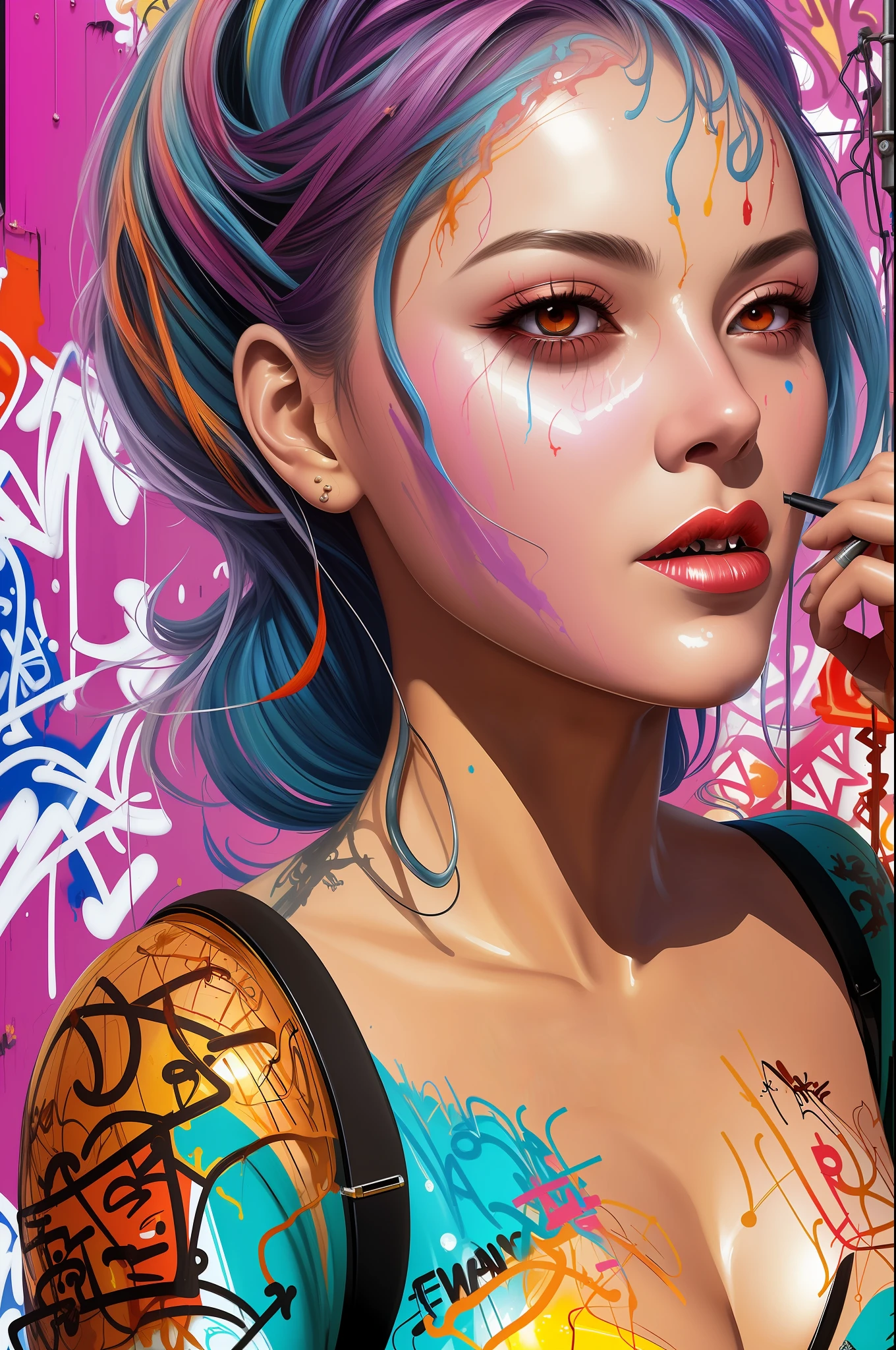 (Painting:1.3) of,(Lustful:1.5) close up, full color painting of squatting cyberpunk girl, sunglasses, high heel shoes, perfect hourglass figure, perfect perky tits, (((Graffiti art) (by Carne Griffiths))), red wall background, insane details, intricate details, hyperdetailed, low contrast, soft cinematic light, dim colors, exposure blend, hdr, front,(Colorful:1.3),((retrofuturism)),(science fiction),dystopian Art,ultrafine,detailed,future tech,by Clarence Holbrook CArter,by Ed Emshwiller,CGSociety,ArtStation contest winner,trending on ArtStation,DeviantArt contest winner,Fallout