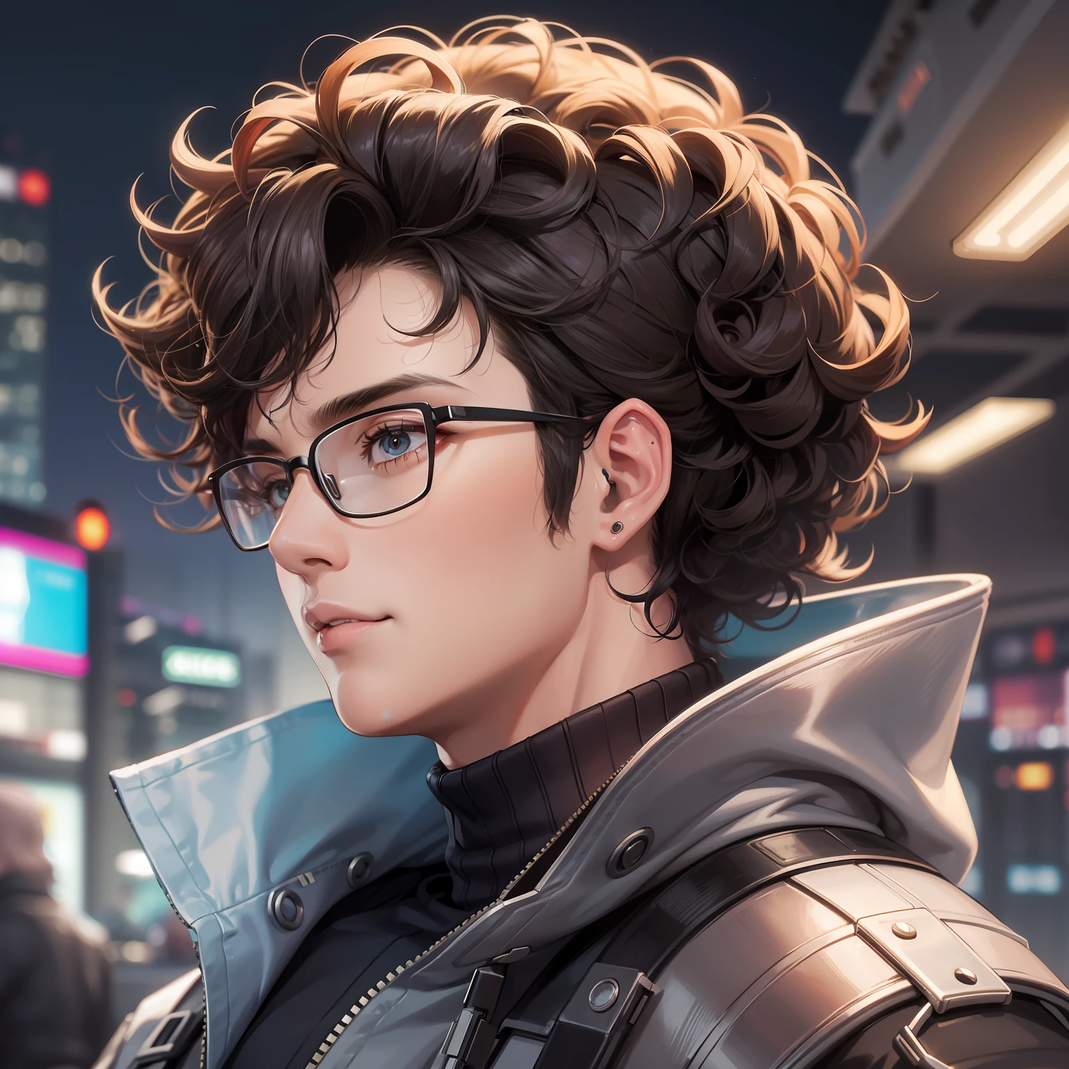 Young man with glasses and curly hair, Cyberpunk, rosto de perfil, com pele morena