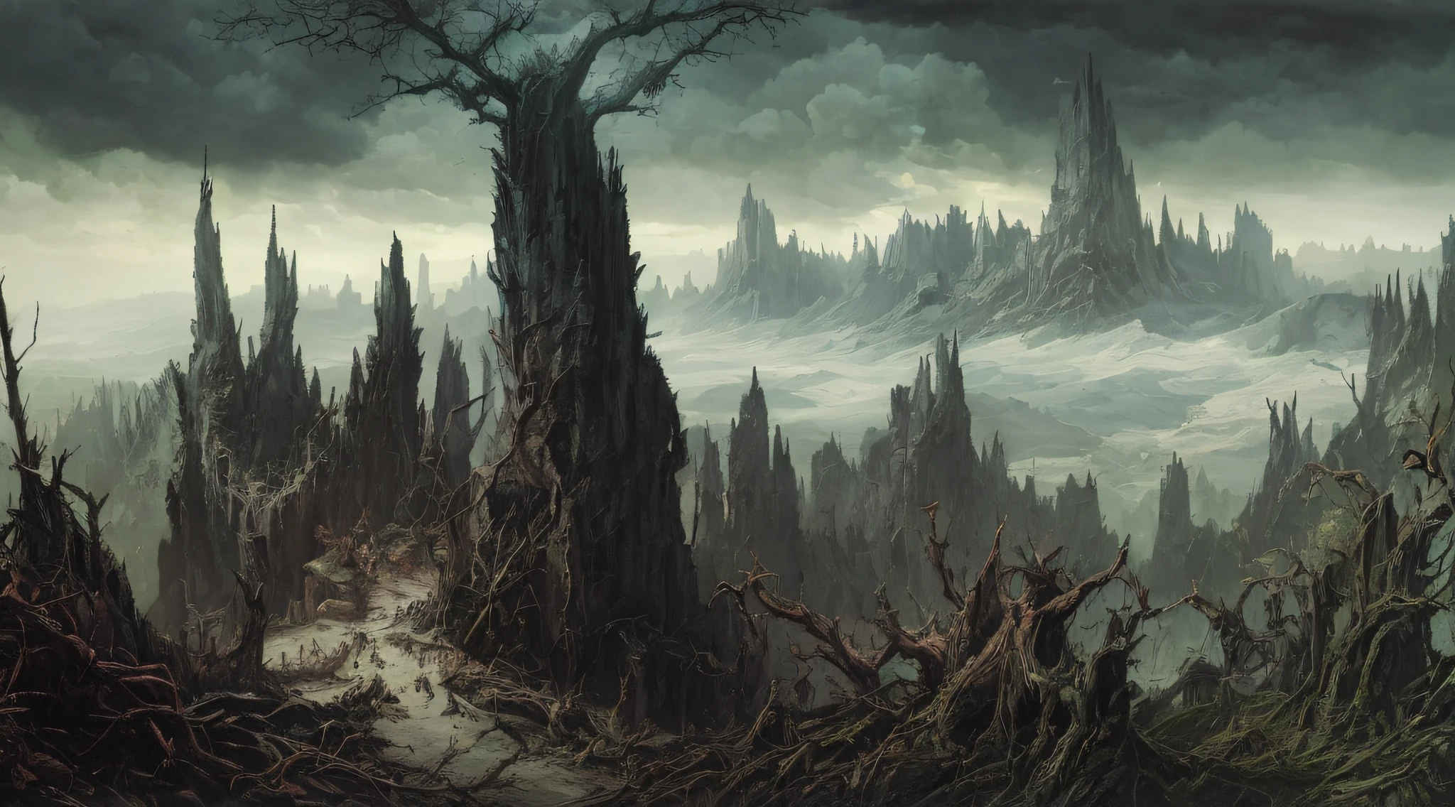 view from the top of peak, futurist dark valley in ruin, evil creatures, cosmic horror, abyss view, madness, thorns, spiked walls. Creepy illustration, Horror art, hyperdetailed painting, color drawing, art by Derek Riggs and HR Giger --auto