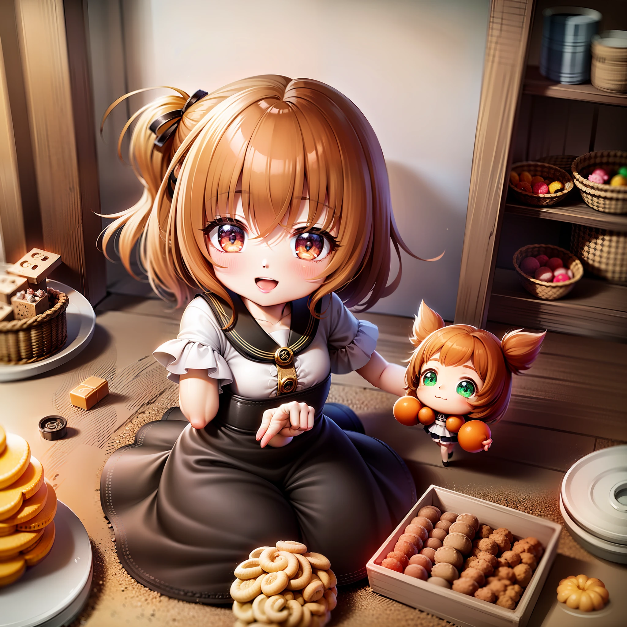 high-level image quality、hiquality、cute little、tiny girl、Orange hair、Chibi Chara、minimum、Scattered candy、cookies、candy、Little child playing with toys
