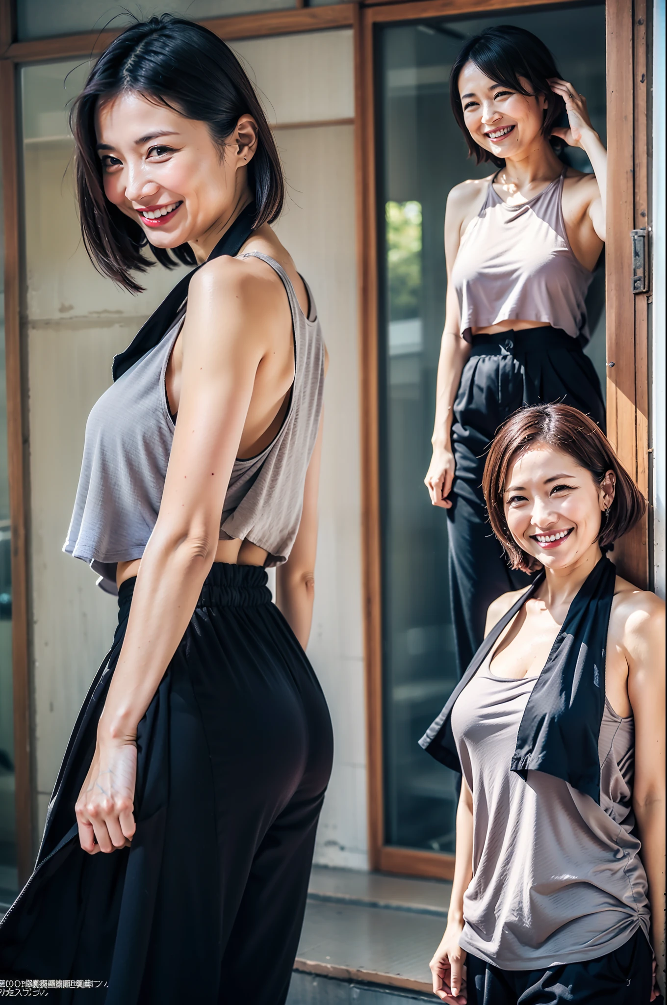 best qualtiy、masterpiece、fidelity:1.3、超A high resolution、(Photorealsitic:1.4)、1 Most Beautiful Mature Woman in Japan(Obscene big breasts:1.4、Bob Hair)、Mature obscene body、Obscene mom、The ultra -The high-definition、Fashionable clothes、Bursting smile、Perfect Style、Stylish sleeveless orange blouse、Black Loose Pants、Obscene armpits、Obscene smile、Body shape like a gravure idol、Eroticism that everyone looks back on、Shop at apparel stores