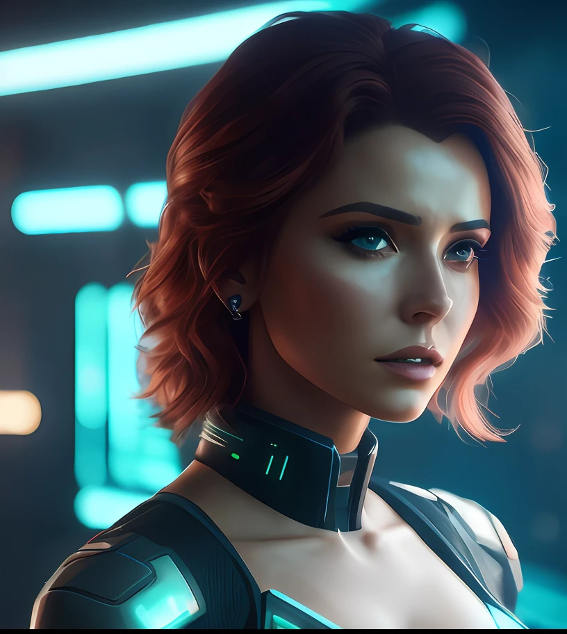 un primer plano de una mujer con un traje futurista con una cara brillante similar a Tina Louise, Renderizado retrato 8K, Arte cyberpunk ultrarrealista 8K, portrait of a sci - fi woman, detailed cinematic render, sci fi female character, Estilo cyberpunk hiperrealista, 3D render character art 8 k, Traza de rayos 4K, Trazado de rayos 4K, cinematic realistic portrait, cinematic scifi shot